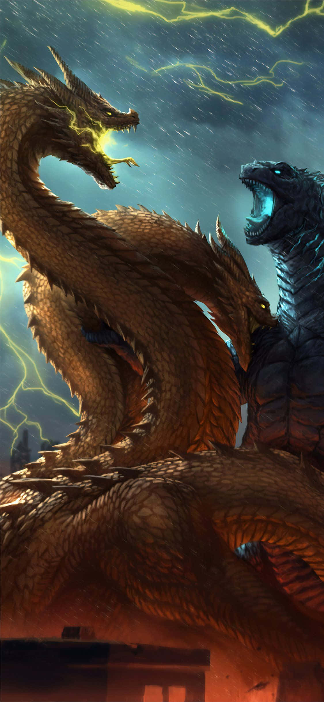 King Ghidorah 桌布 壁紙 — 一隻巨大的金色龍，眼睛發光，在暴風雨的天空中咆哮，與標誌性的哥吉拉進行一場戲劇性的電影戰鬥。