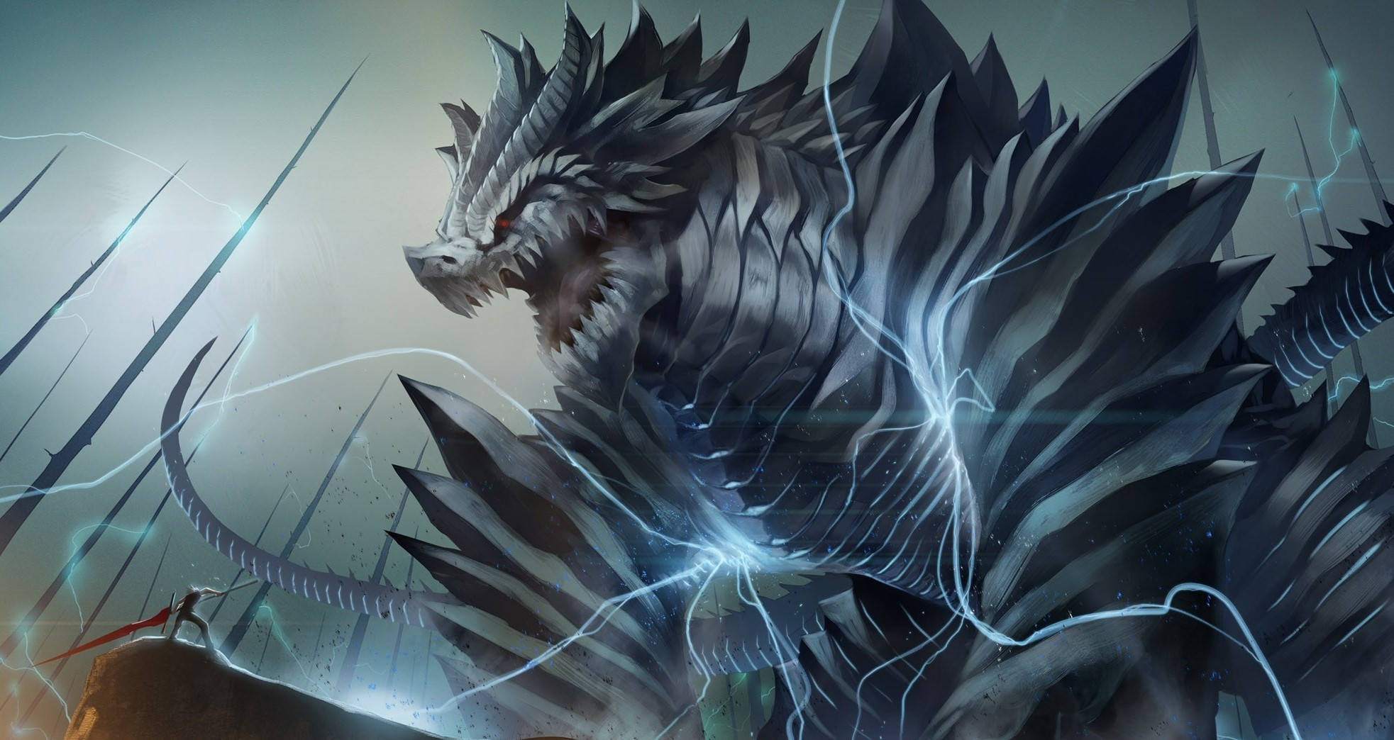 Coolest Dragon 桌布 壁紙 — 一隻巨大的銀色龍，帶有鋸齒狀鱗片和噼啪作響的藍色閃電，在暴風雨的天空下環繞著其龐大的身軀。