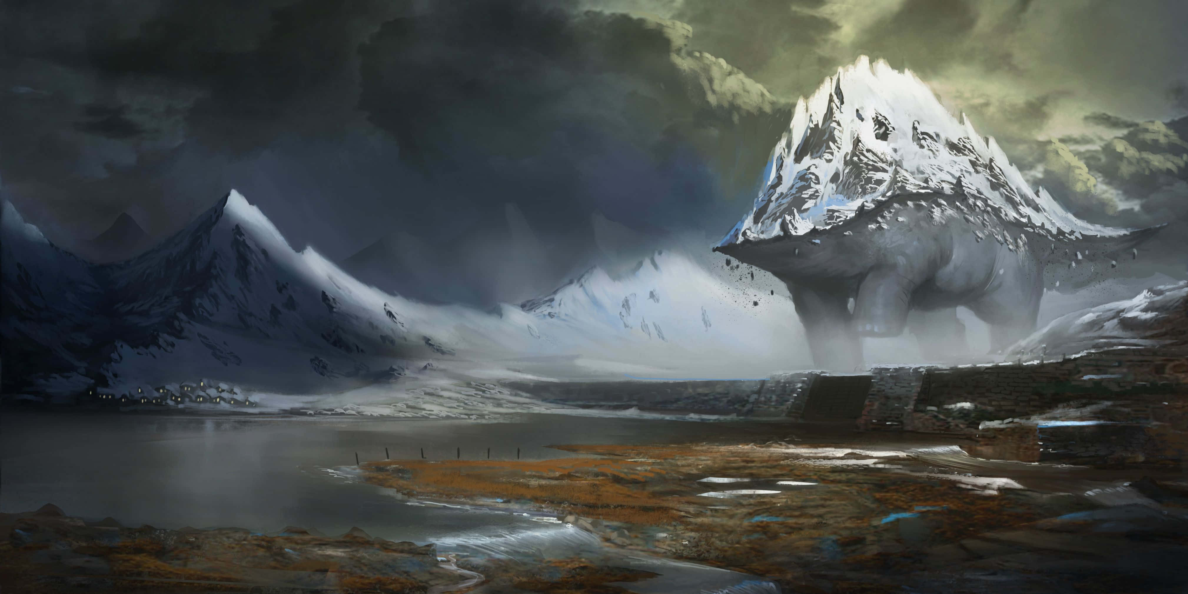 Awe-inspiring 桌布 壁紙 — 一隻巨大的雪山野獸從風暴中的高山湖泊中出現，天空烏雲密佈。