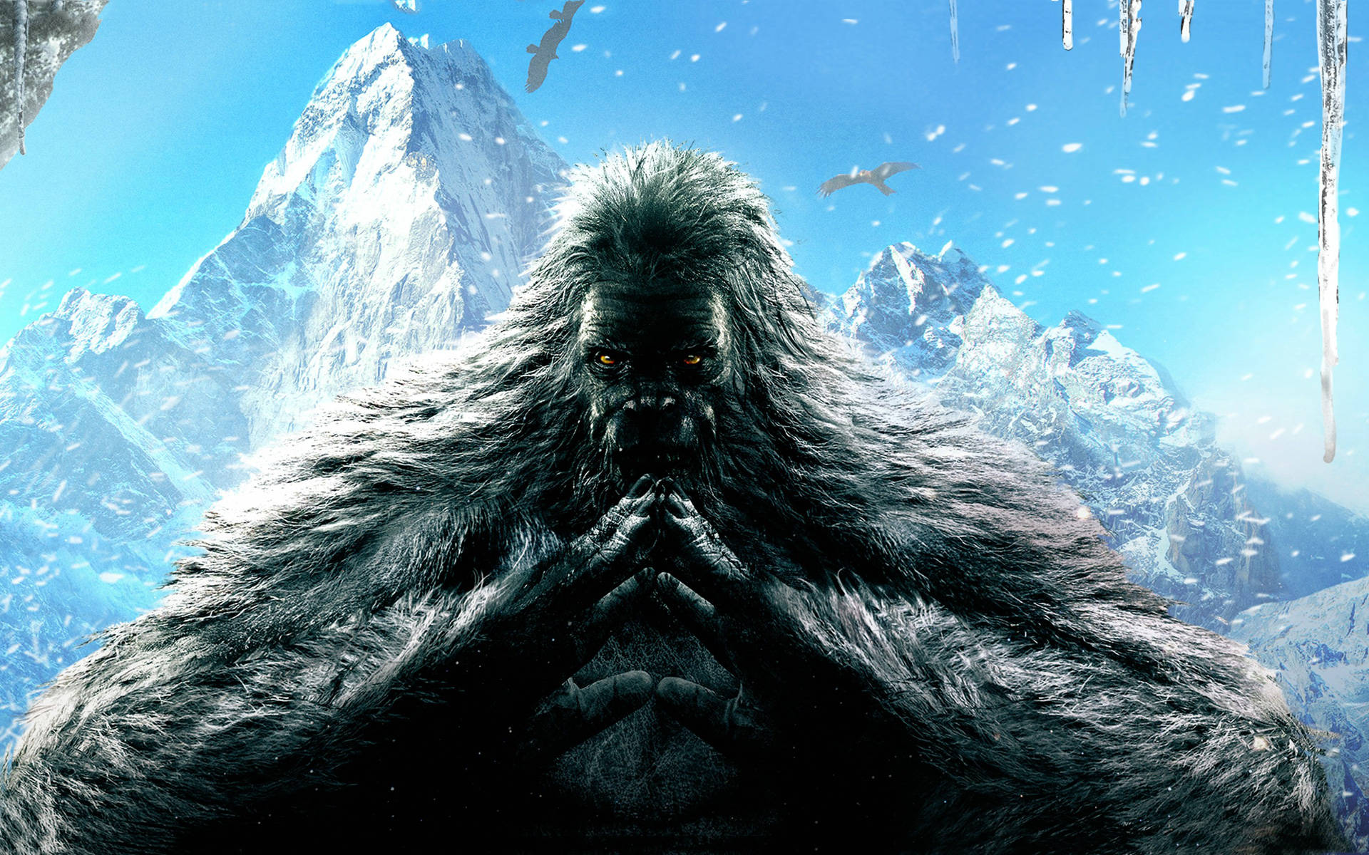 Far Cry 4 桌布 壁紙 — 一隻巨大的雪覆蓋的大猩猩莊嚴地站在冰峰前，鳥兒在明亮的藍天下飛翔。