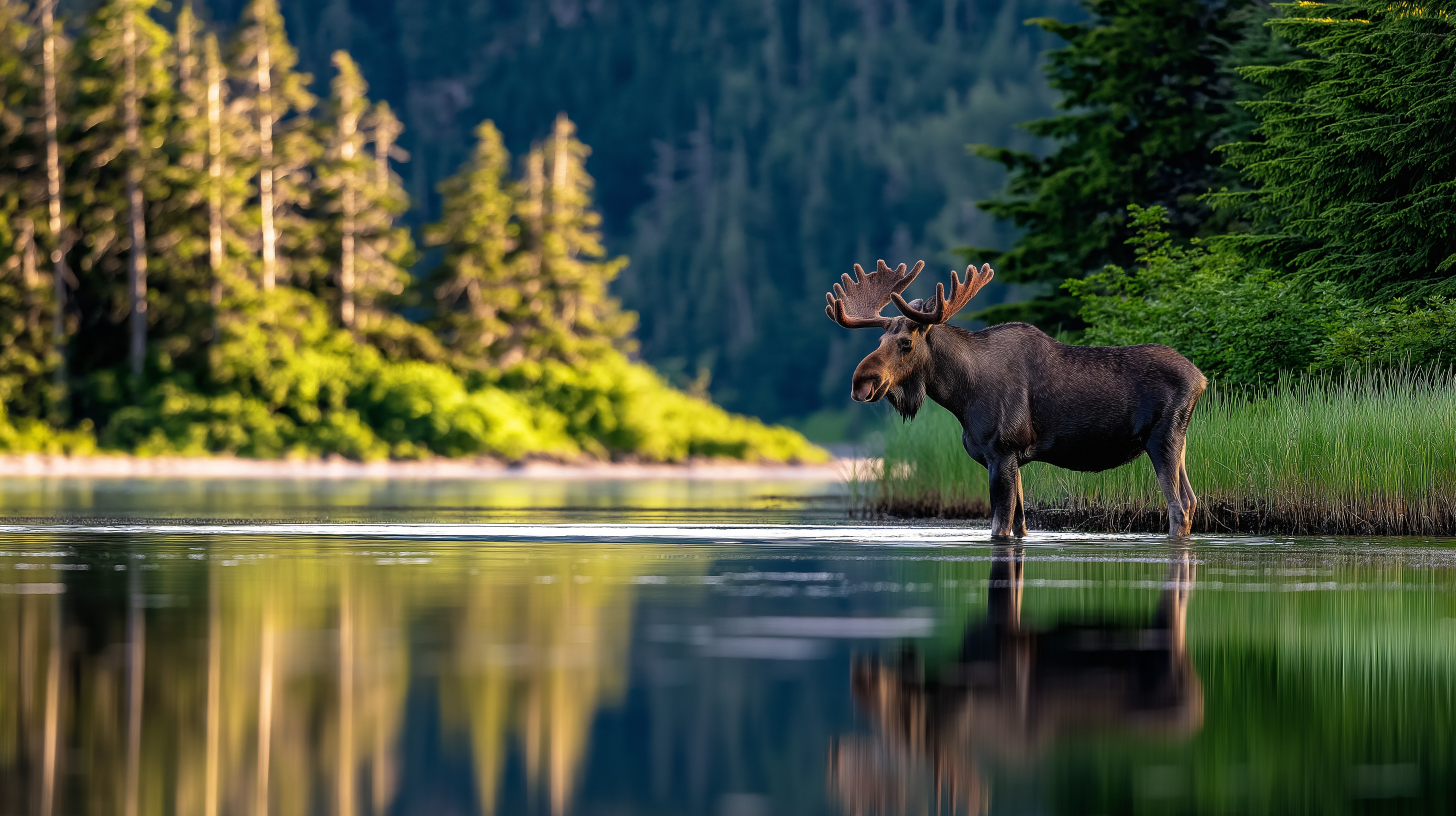 wildlife 桌布 壁紙 — 一隻巨大的駝鹿站在平靜的水中，倒映出茂密的綠色森林和參天大樹，沐浴在柔和的陽光下。