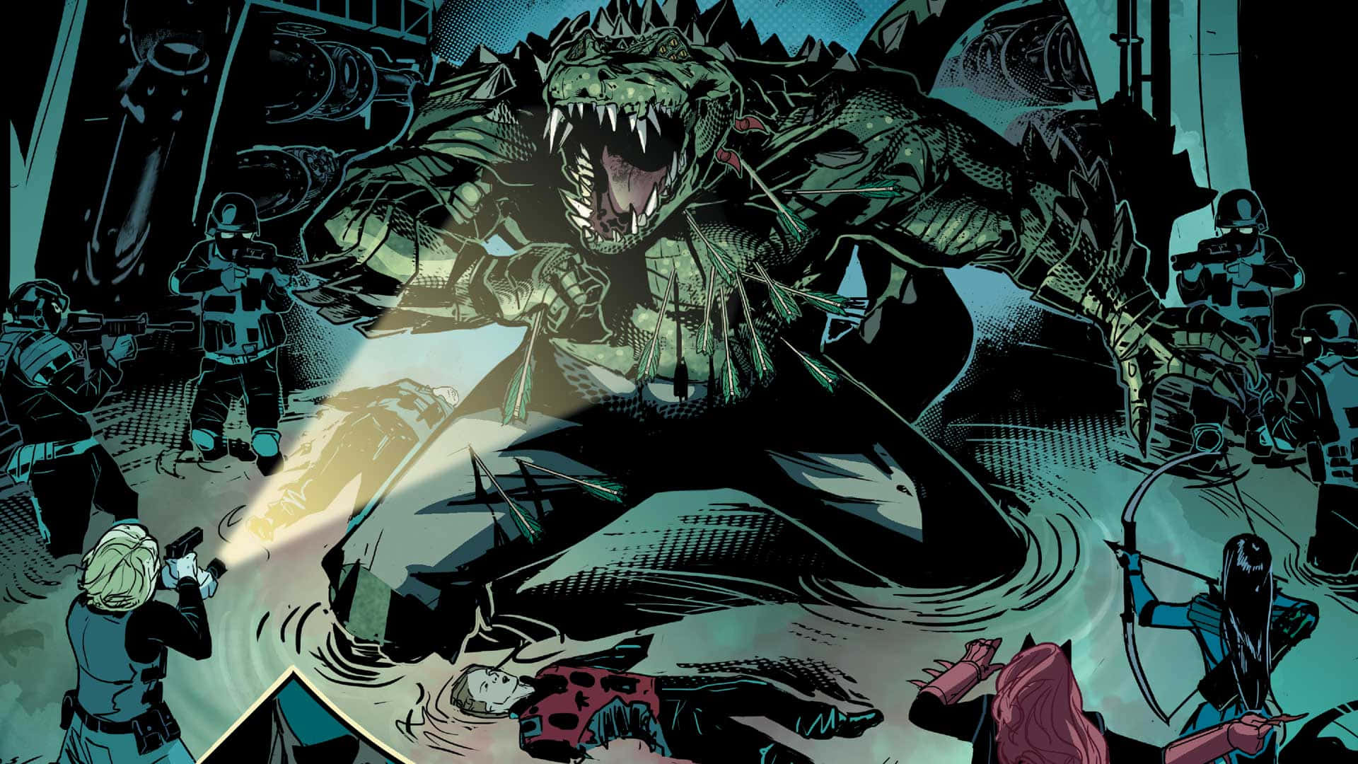 Killer Croc 桌布 壁紙 — 一隻巨大的鱷魚怪物在黑暗的工業環境中咆哮，武裝士兵和超級英雄用武器和弓箭與之對抗。