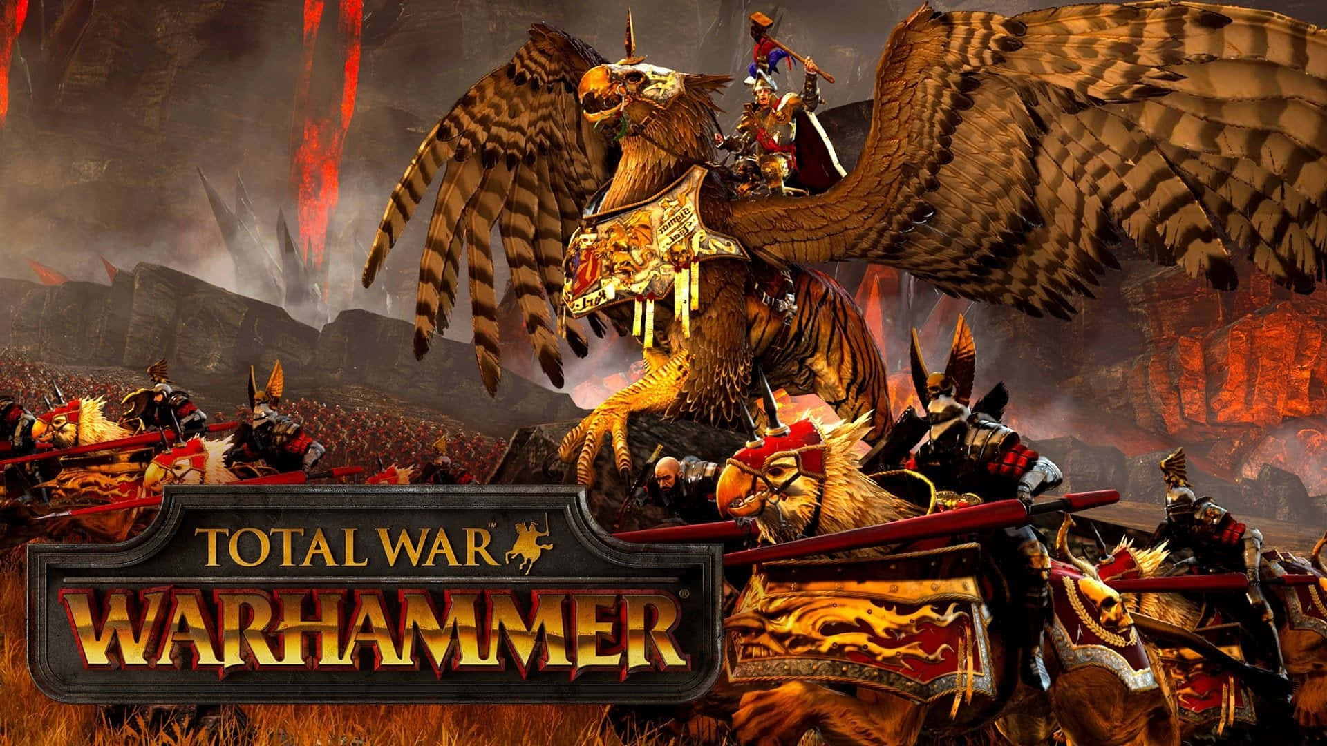 Best Total War Warhammer 桌布 壁紙 — 一隻巨大的鷹形戰獸載著騎手衝過烈焰戰場，而身穿盔甲的戰士們在暴風雨的天空下交戰。