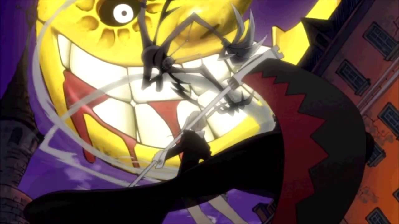 soul eater moon 桌布 壁紙 — 一隻巨大的黃色動畫怪物，擁有鋒利的牙齒和爪子，在紫色天空下攻擊城市景觀。