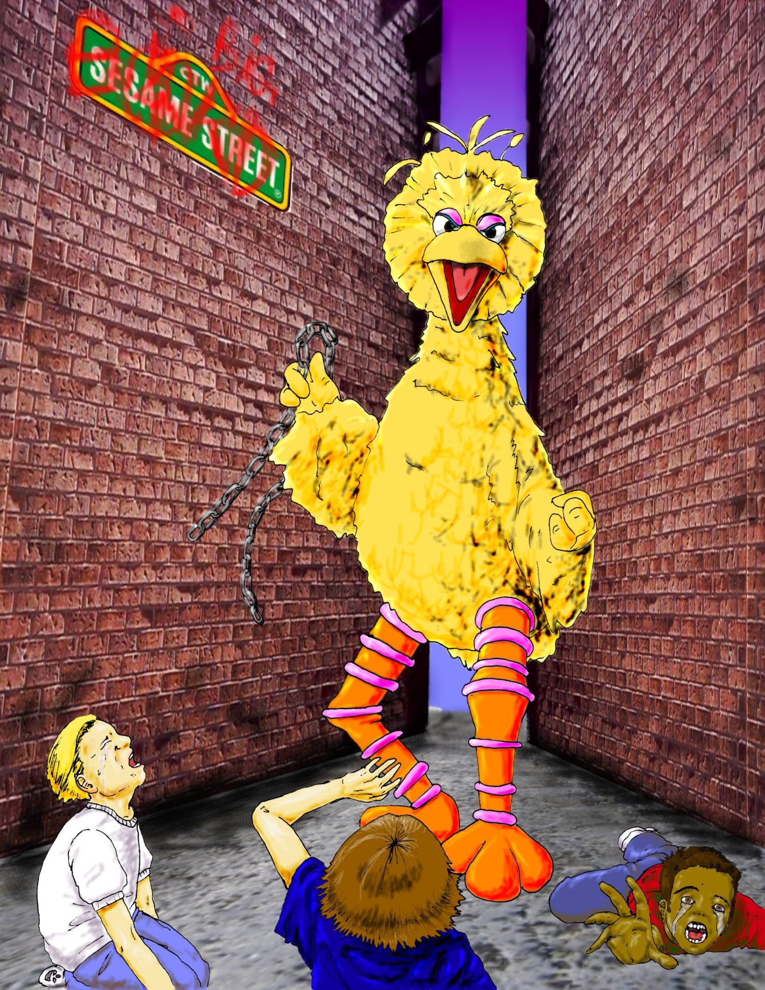 Big Bird 桌布 壁紙 — 一隻巨大的黃色鳥，有粉紅色的眼睛和橙色的腿，在一個磚砌的小巷中，在「芝麻街」標誌下，聳立在驚恐的孩子們之上。