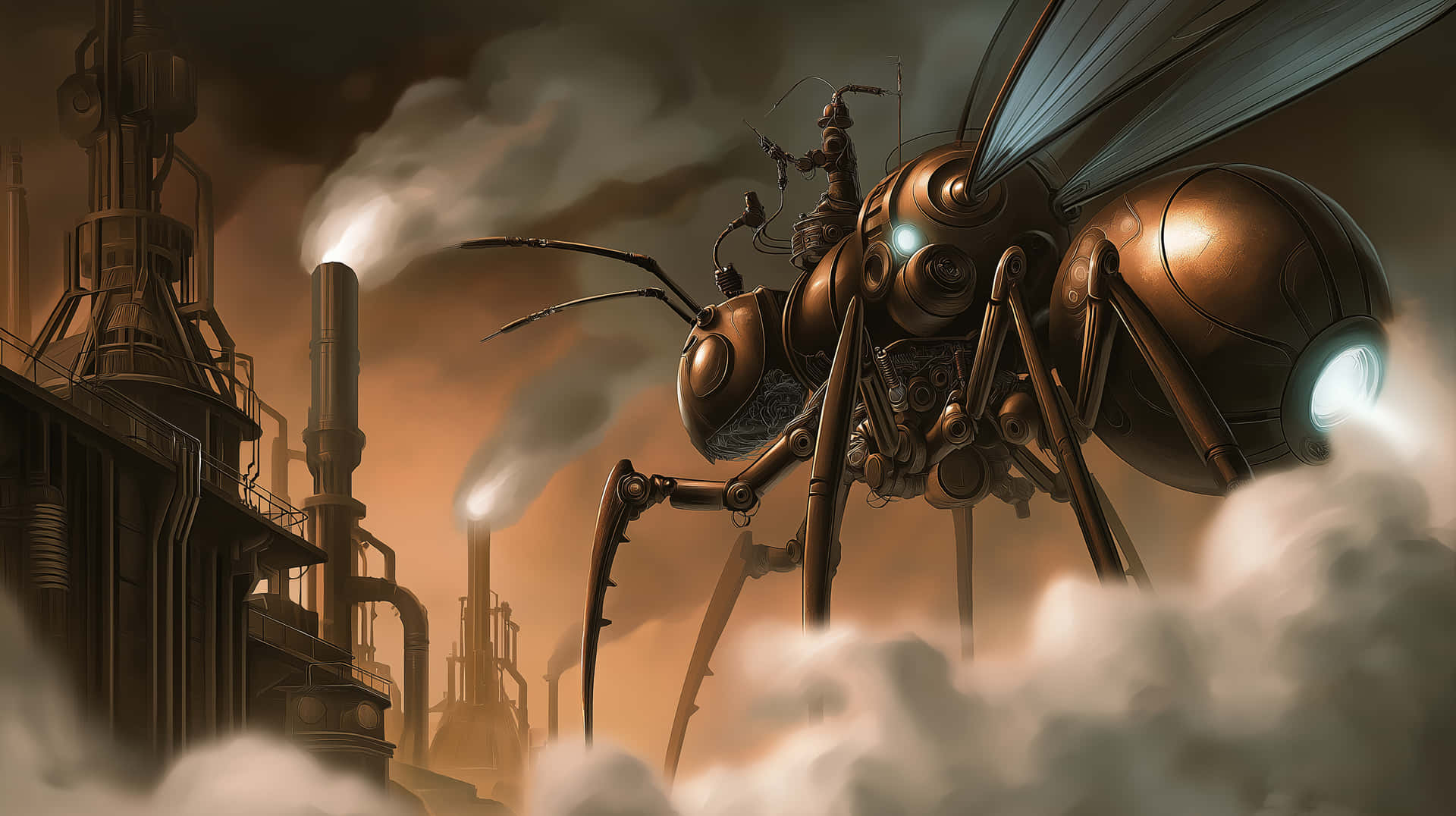 Steampunk Ant: Industrial Transport in Smoky Landscape 壁紙 — 一隻巨大的黃銅機械蒼蠅，閃爍著藍色眼睛，在黃昏時分盤旋在煙霧瀰漫的工業城市上空。