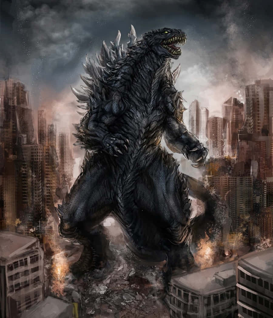 Godzilla Earth 桌布 壁紙 — 一隻巨大的黑暗哥吉拉在暴風雨的天空下，於煙霧和火焰籠罩的廢墟城市景觀中咆哮。