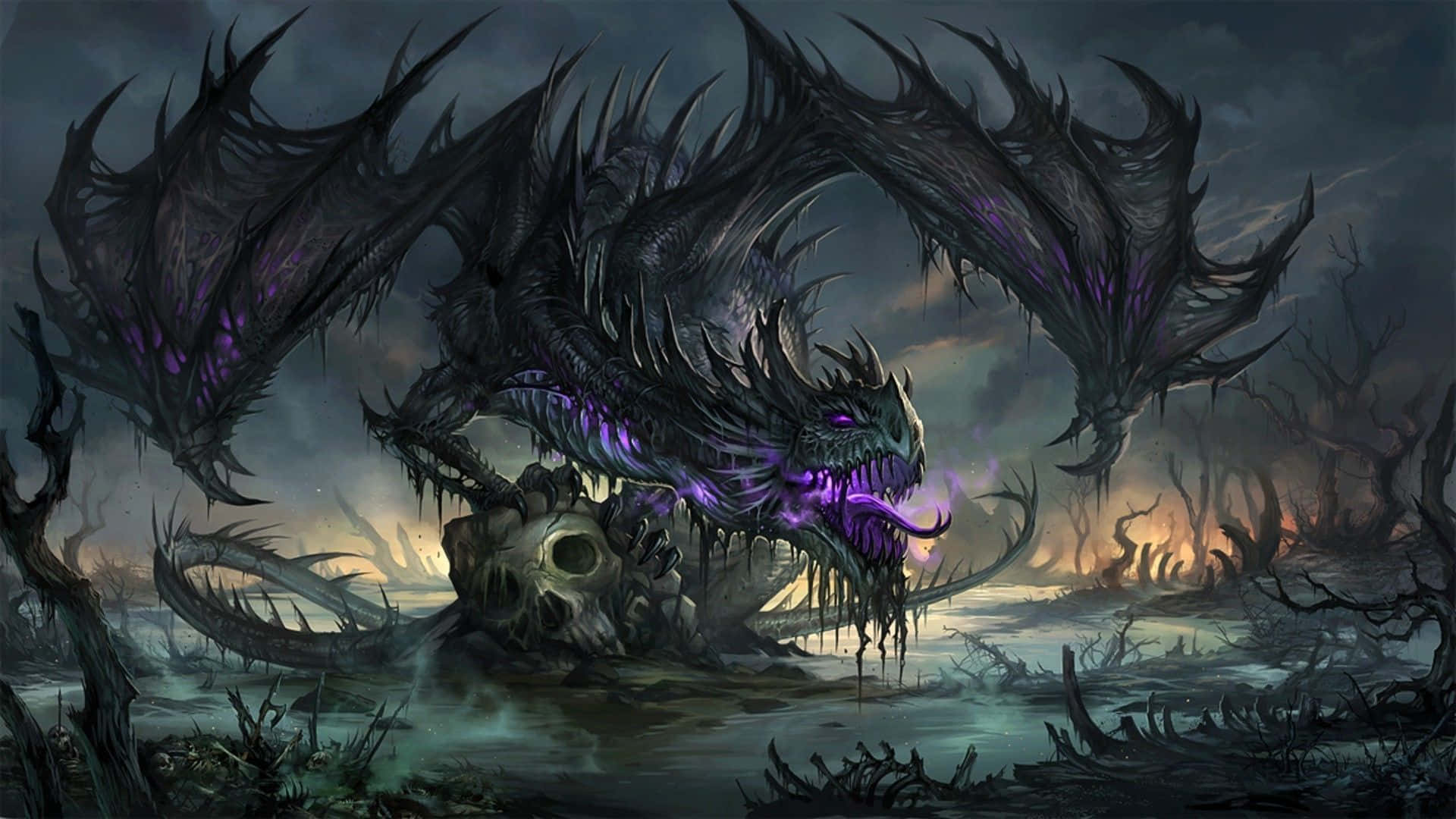 奇幻藝術 桌布 壁紙 — 一隻巨大的黑暗巨龍，擁有發光的紫色眼睛和毒牙，籠罩在一個充滿骷髏樹和詭異火焰的荒涼沼澤之上。
