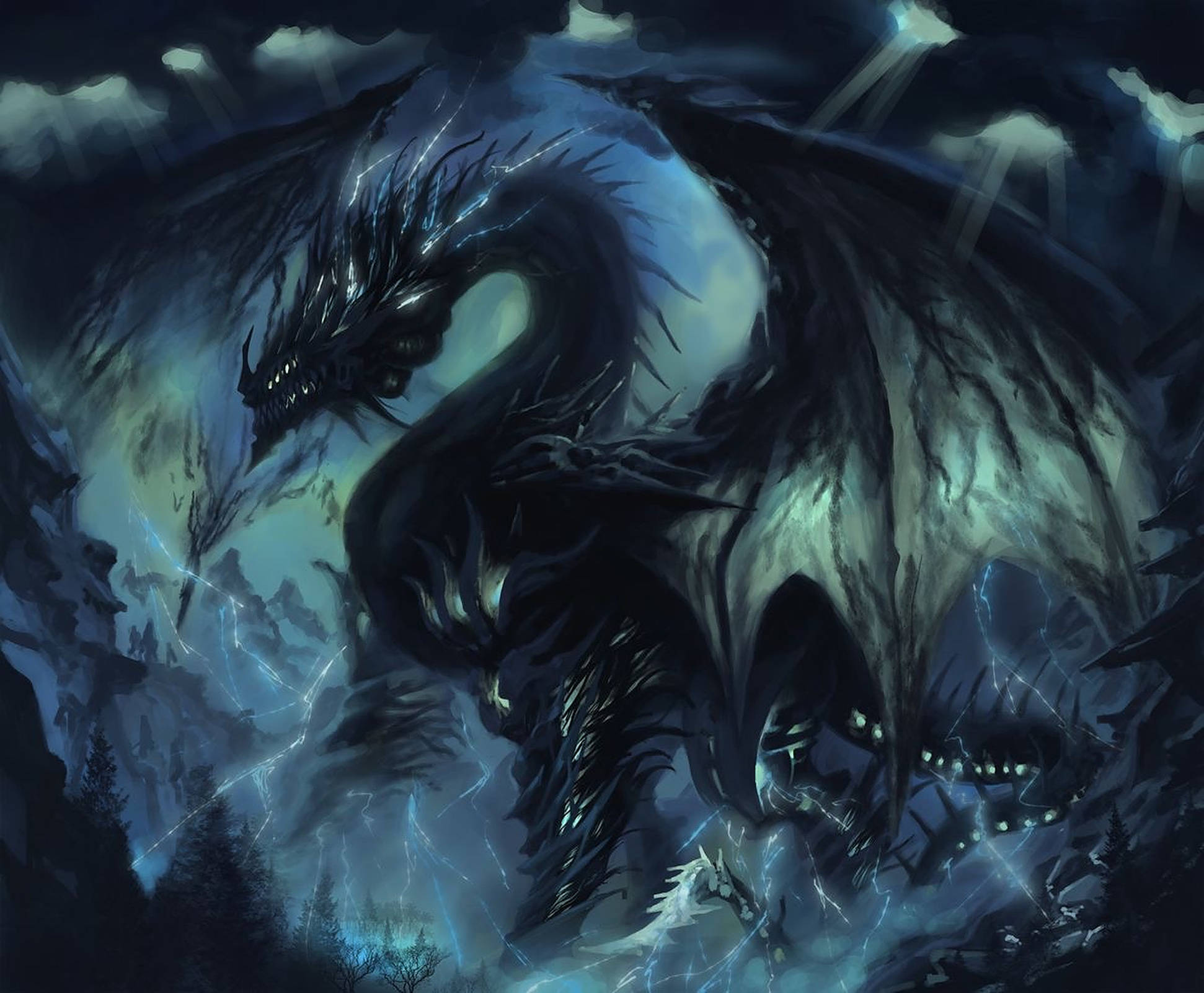 Lightning Dragon 桌布 壁紙 — 一隻巨大的黑暗巨龍，眼睛發光，閃電在其翅膀周圍噼啪作響，主宰著暴風雨的山區夜空。