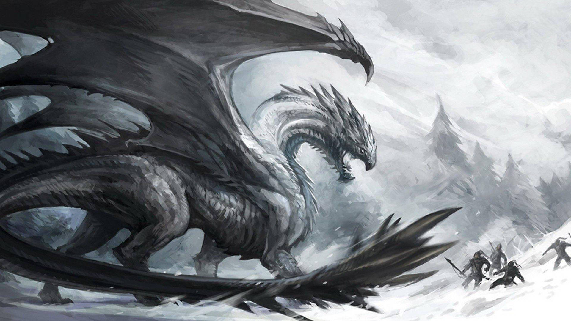 Ice Dragon 桌布 壁紙 — 一隻巨大的黑暗巨龍主宰著白雪覆蓋的山景，而渺小的戰士們勇敢地向其逼近的陰影前進。
