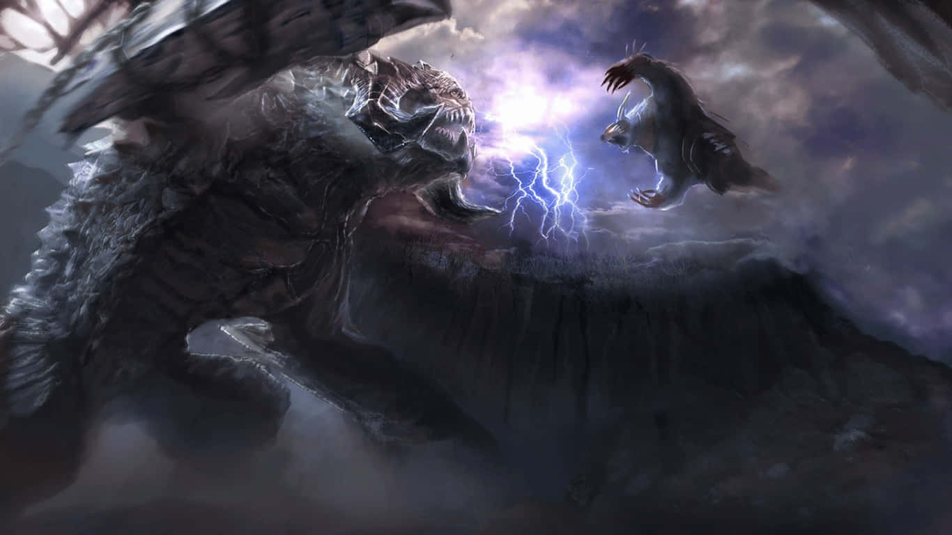 1366x768 Dota 2 桌布 壁紙 — 一隻巨大的黑暗巨龍咆哮著，閃電在牠和一隻較小的鳥類生物之間劃過暴風雨的天空。
