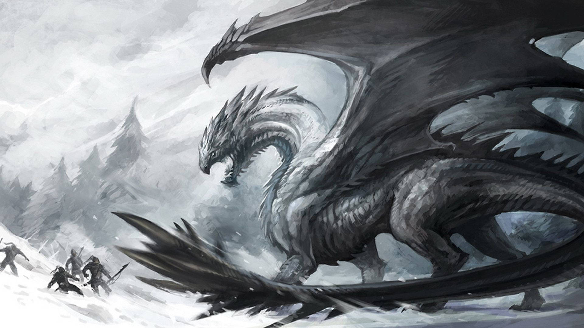 HD Dragon 桌布 壁紙 — 一隻巨大的黑暗巨龍在暴風雨天空下的雪域山景中，籠罩著細小的盔甲戰士。