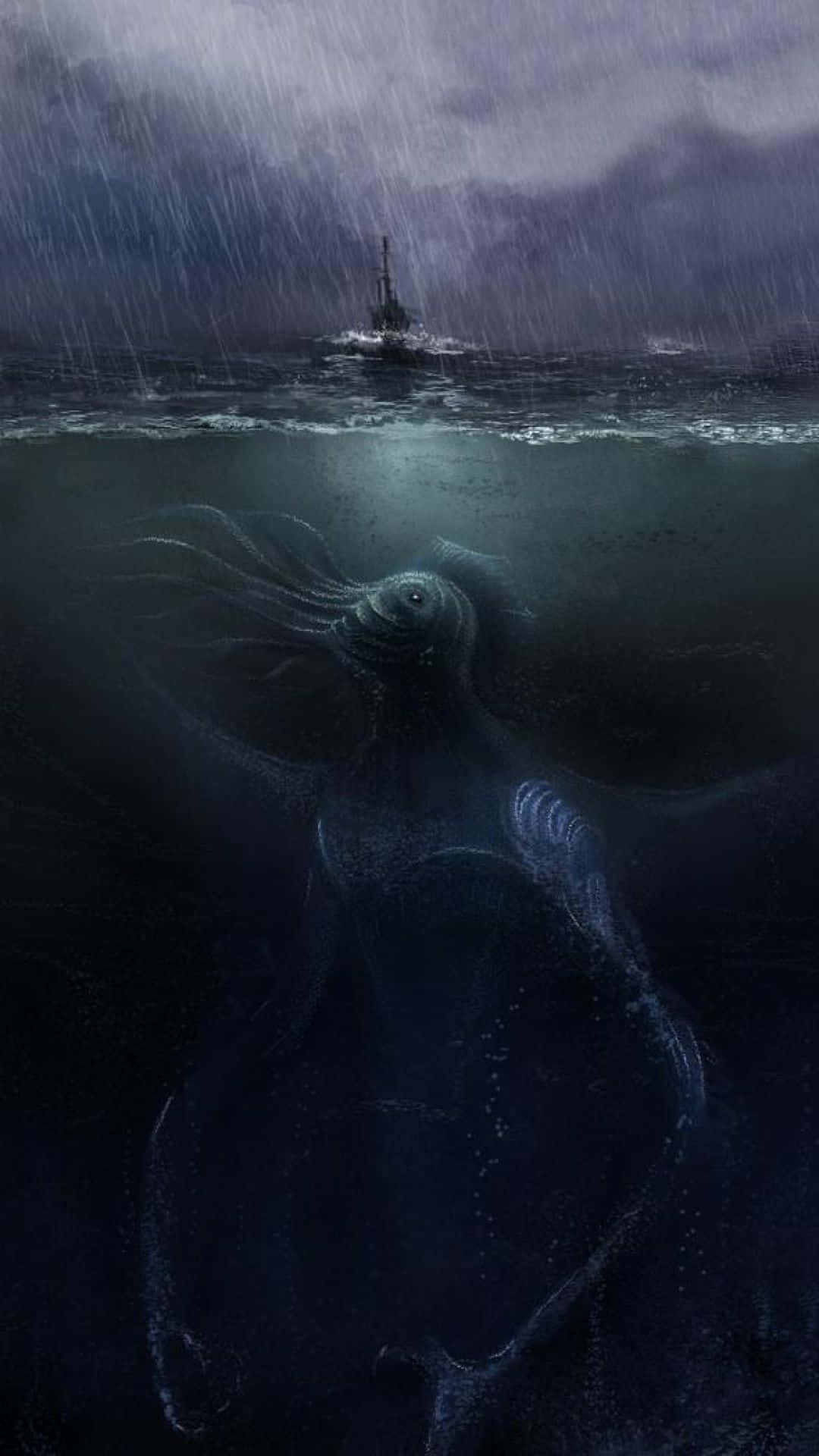 一隻巨大的海怪從暴風雨海面下的黑暗水域中出現，遠處有一艘船。 — 船 GIF 壁紙