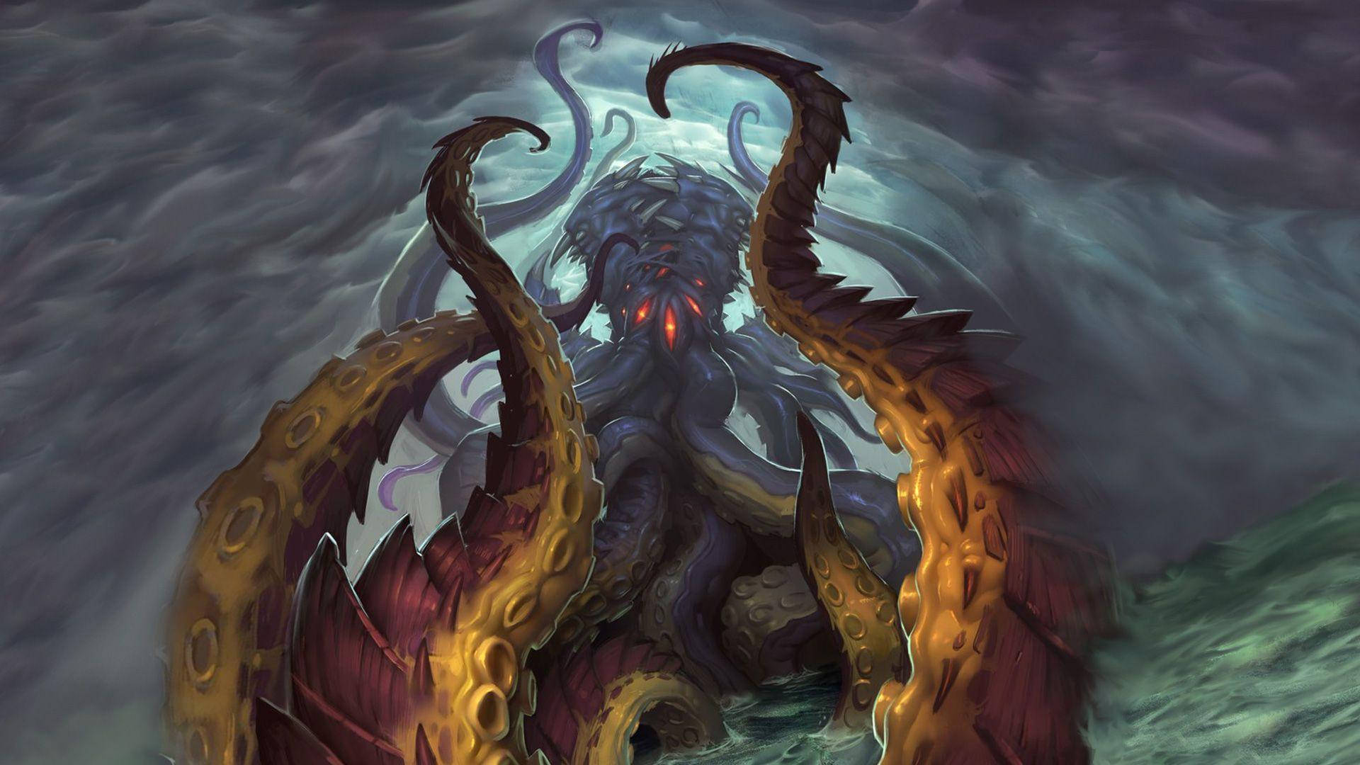 Hearthstone 桌布 壁紙 — 一隻巨大的黑暗章魚，擁有發光的紅色眼睛和金色尖端的觸手，在陰沉天空下從波濤洶湧的海水中浮現。