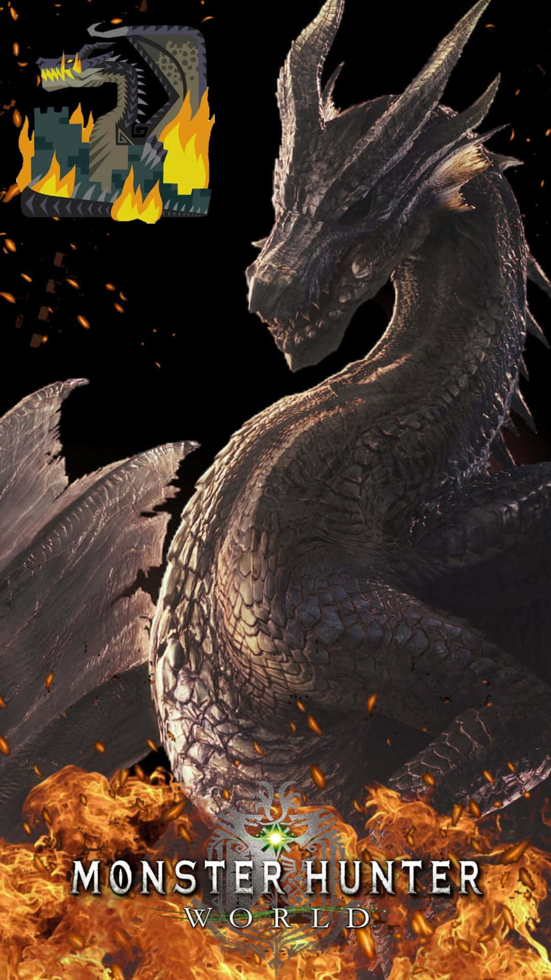 Android Monster Hunter World 桌布 壁紙 — 一隻巨大的黑暗龍，帶有尖刺鱗片和發光的眼睛，從火焰中出現，背景為黑色，帶有遊戲標誌。