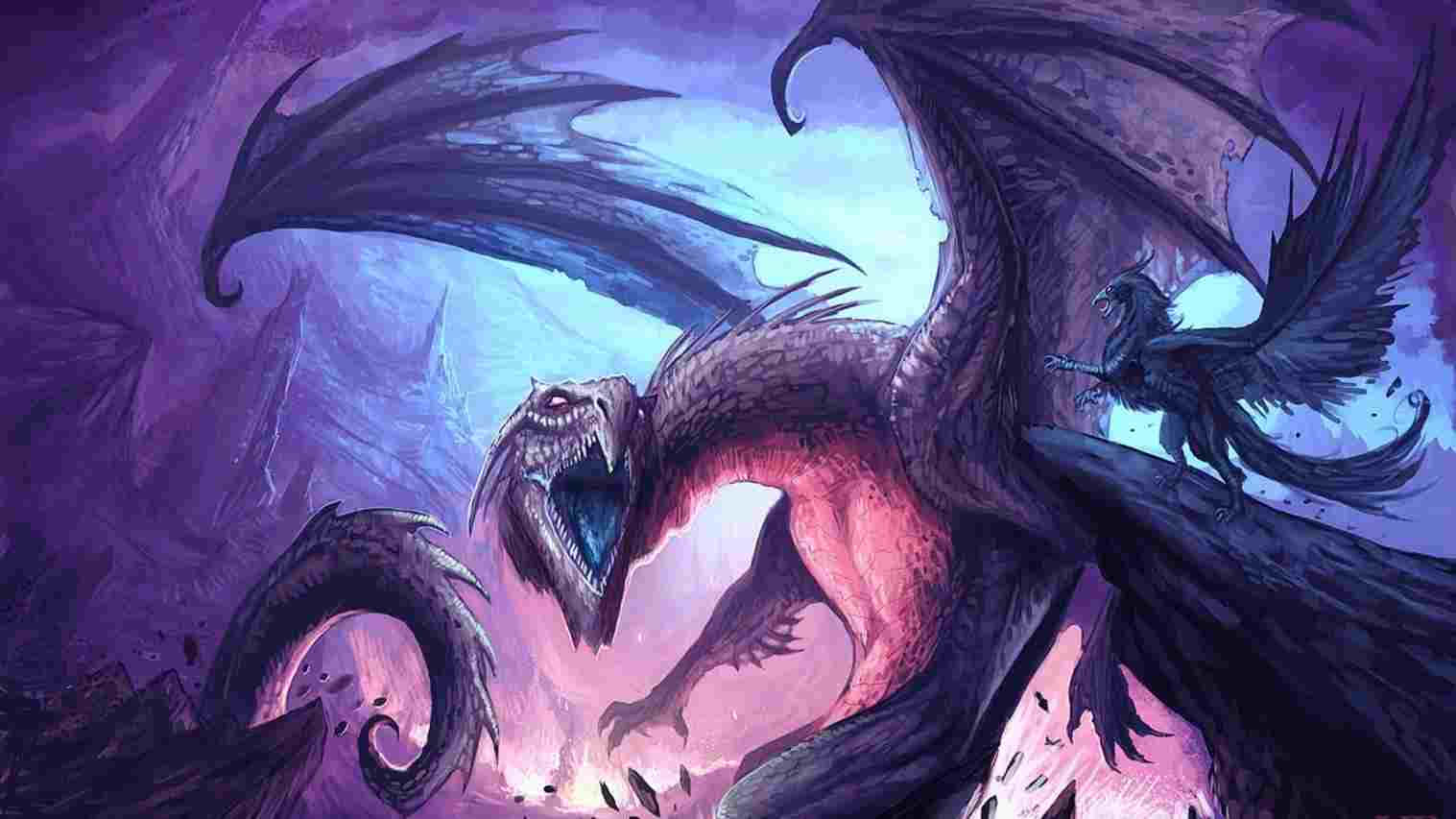 Mystical Dragon 桌布 壁紙 — 一隻巨大的黑暗龍，有著發光的紅色眼睛，背上騎著一名騎士，在紫色和藍色的暴風雨中咆哮。