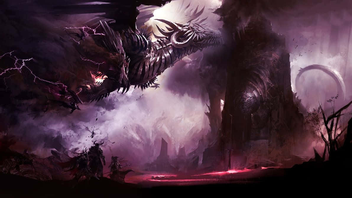 龍 桌布 壁紙 — 一隻巨大的黑暗龍，眼睛發光，周圍閃電劈啪作響，在荒涼的戰場上空翱翔，下方有戰士。