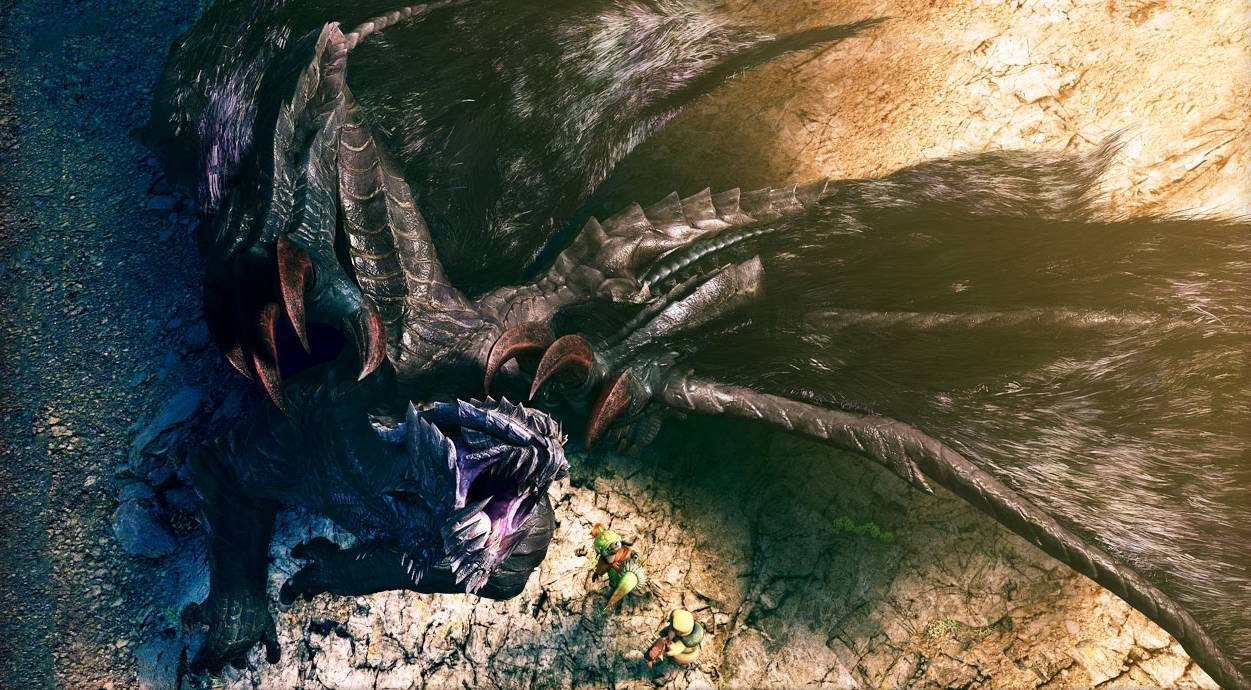 Monster Hunter 桌布 壁紙 — 一隻巨大的黑暗龍，長有尖刺翅膀和發光的眼睛，在岩石峽谷中俯視著小小的獵人。