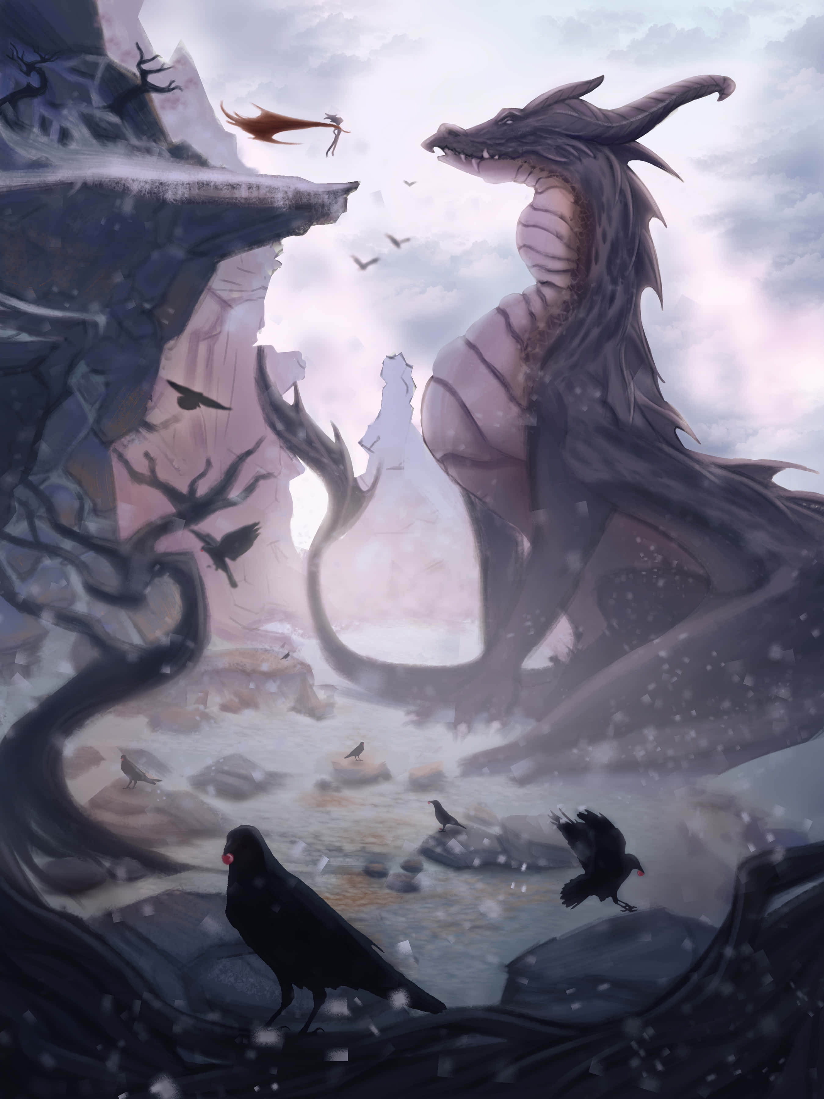 Mythical Dragon 桌布 壁紙 — 一隻巨大的黑暗龍棲息在白雪覆蓋的懸崖頂上，俯瞰著結冰的河流，烏鴉在下方飛翔和棲息。