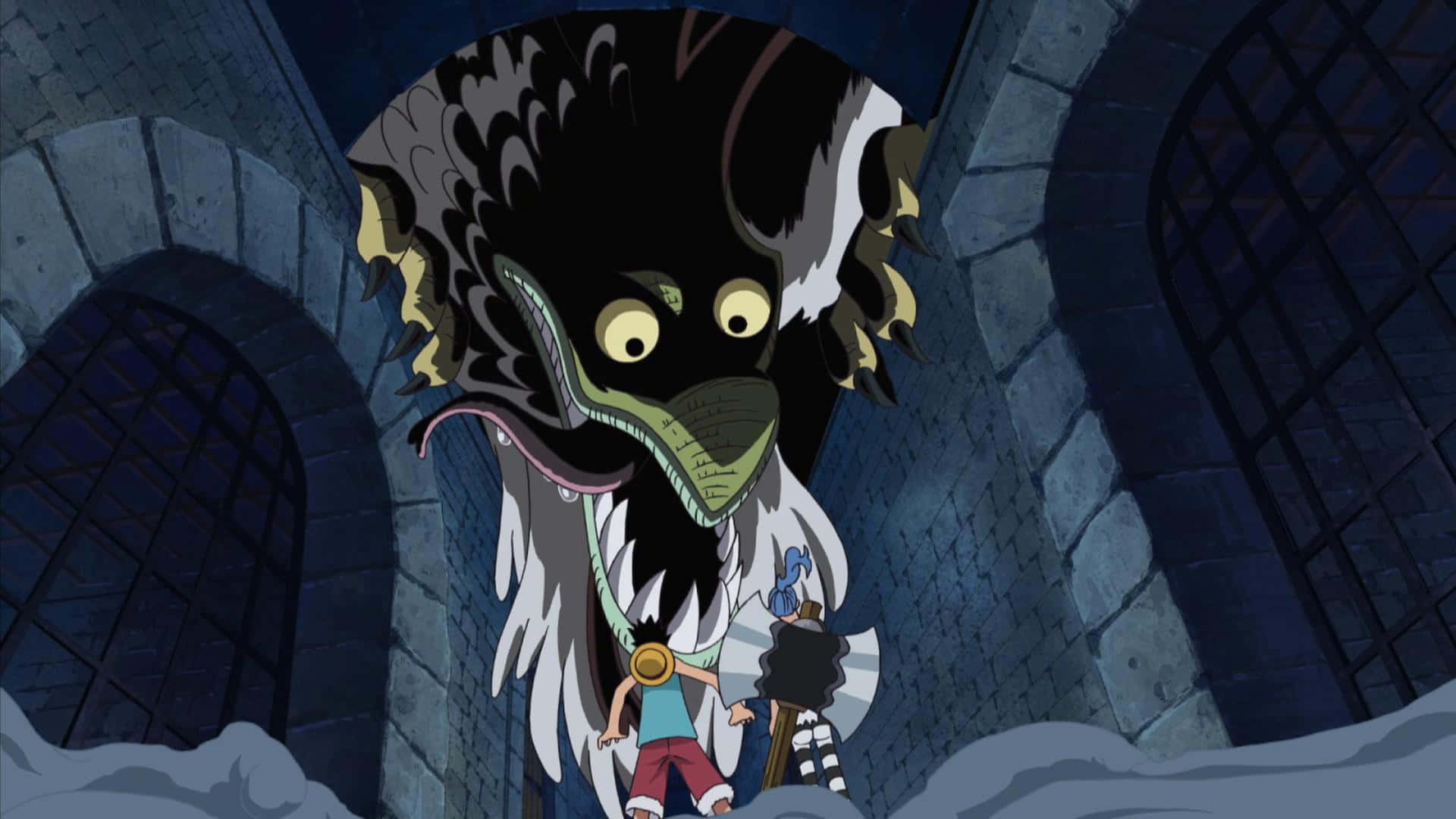 Impel Down 桌布 壁紙 — 一隻巨大的黑白鳥怪獸在黑暗的石城堡中籠罩著一個小型動漫角色。