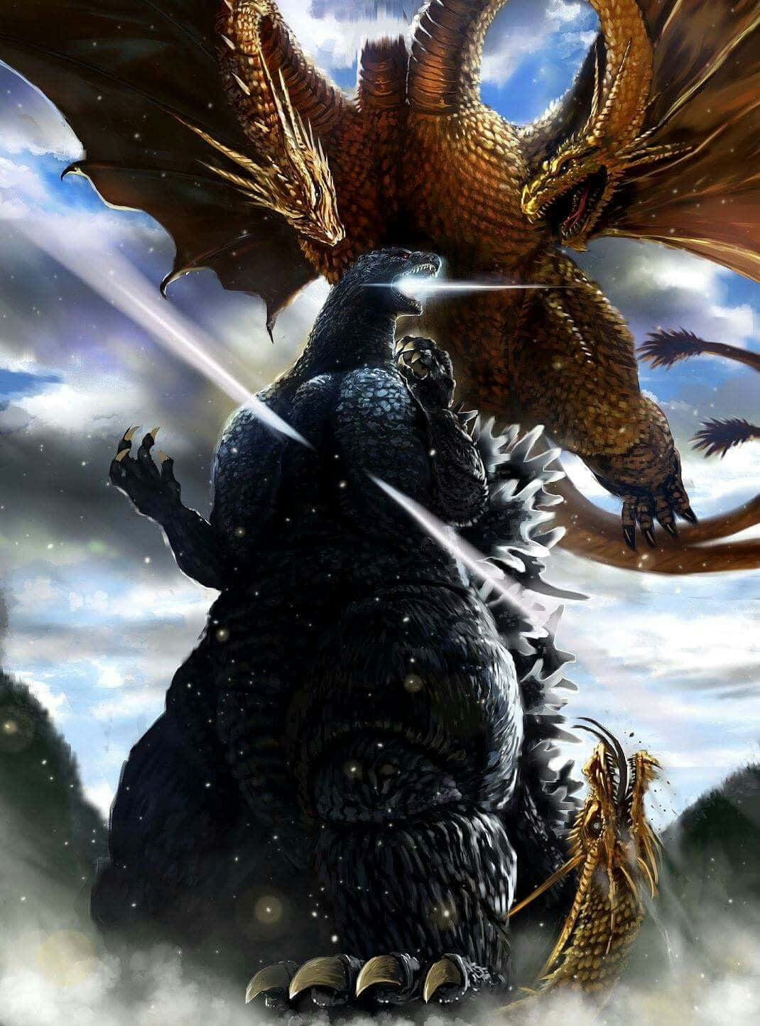 Godzilla Vs King Ghidorah 桌布 壁紙 — 一隻巨大的黑色哥吉拉面對一隻金色的飛龍，在暴風雨的天空中，下方有發光的光束和霧氣繚繞的山脈。