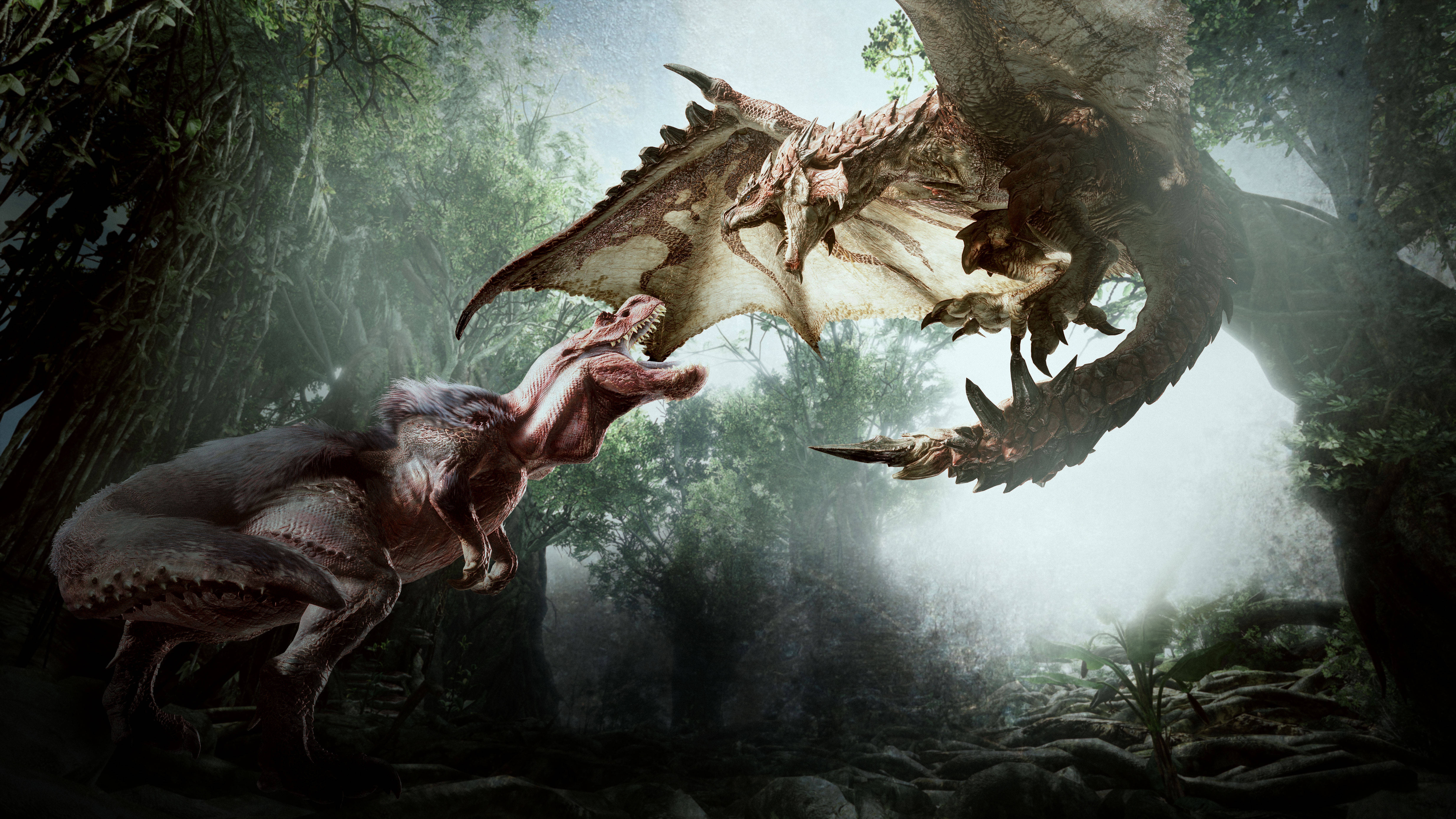 Monster Hunter 桌布 壁紙 — 一隻巨大的龍展開帶刺的翅膀，籠罩著在迷霧籠罩的古老叢林中咆哮的恐龍。
