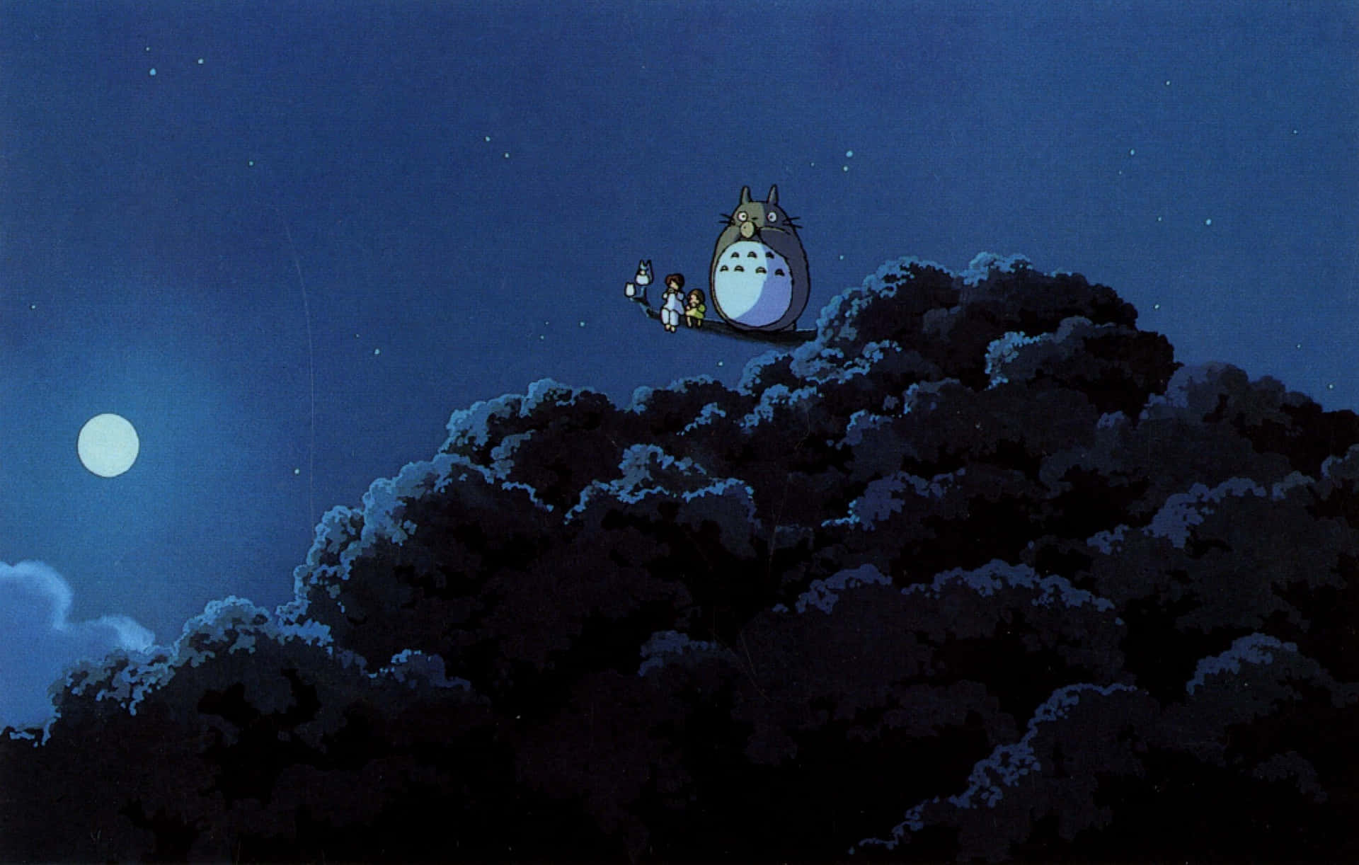 龍貓和孩子們在月光和星光下的山丘上 — 龍貓 GIF 壁紙