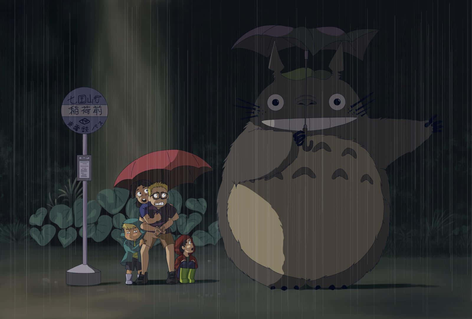 吉卜力 桌布 壁紙 — 一隻巨大的龍貓在夜晚的暴雨中用傘保護著一家人。