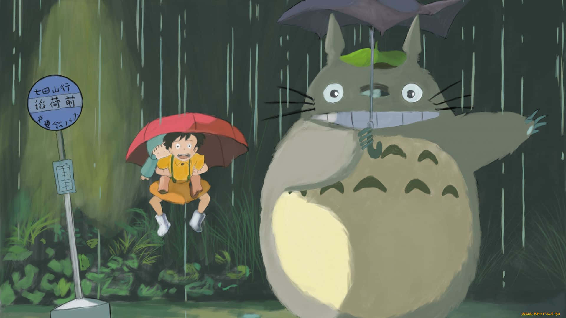 Totoro Aesthetic 桌布 壁紙 — 一隻巨大的龍貓在發光的森林樹冠下，為一個在雨中漂浮的孩子撐傘。