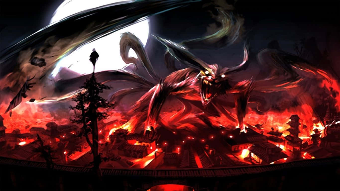 Naruto Fire 桌布 壁紙 — 一隻巨大紅色惡魔，眼睛和翅膀發光，在弦月下燃燒的村莊上空肆虐。
