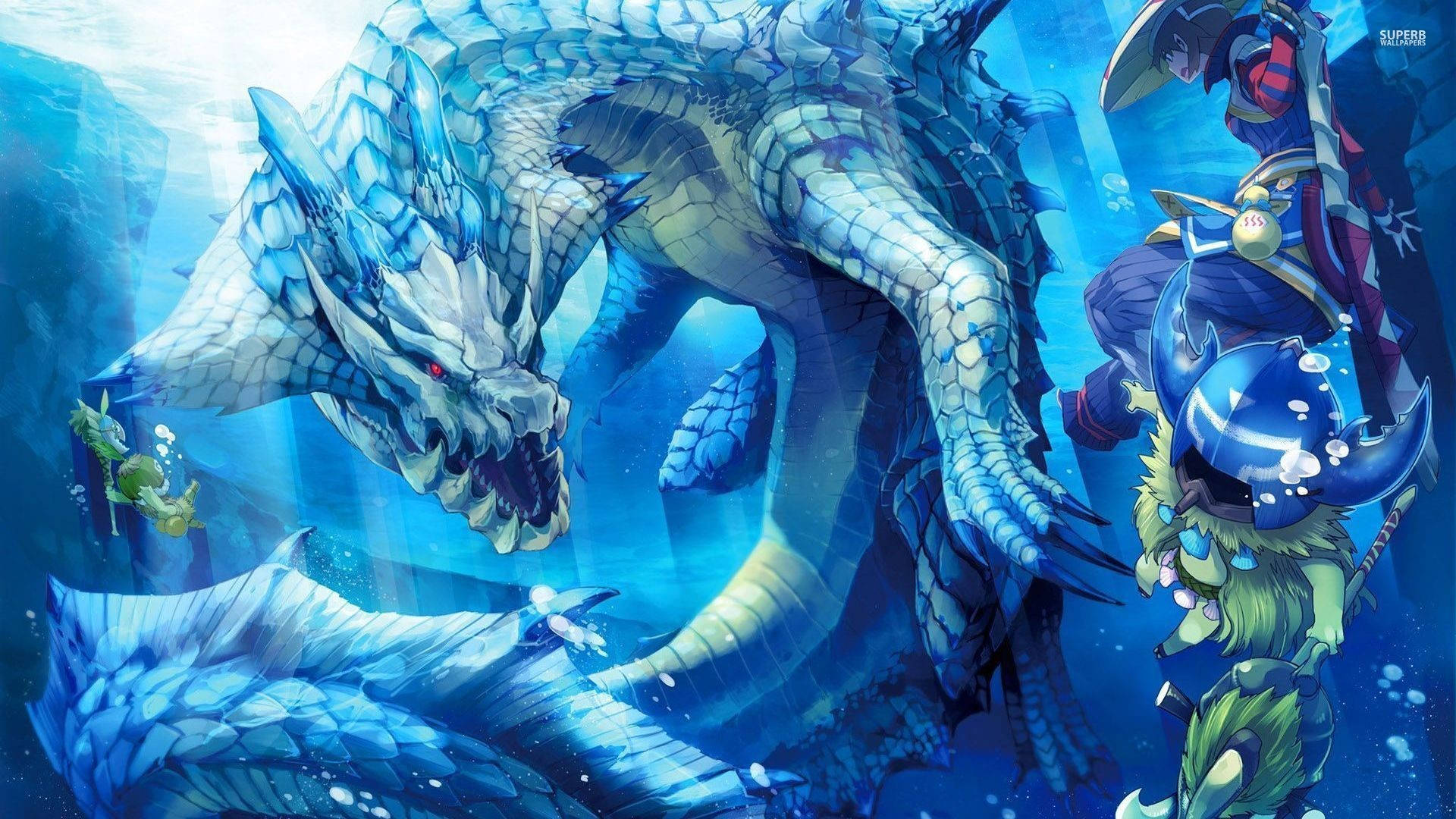 Monster Hunter World Iceborne 桌布 壁紙 — 一隻巨大藍鱗紅眼龍潛伏在水下，兩名身穿盔甲的冒險者在陽光普照的水中洞穴中與之對峙。
