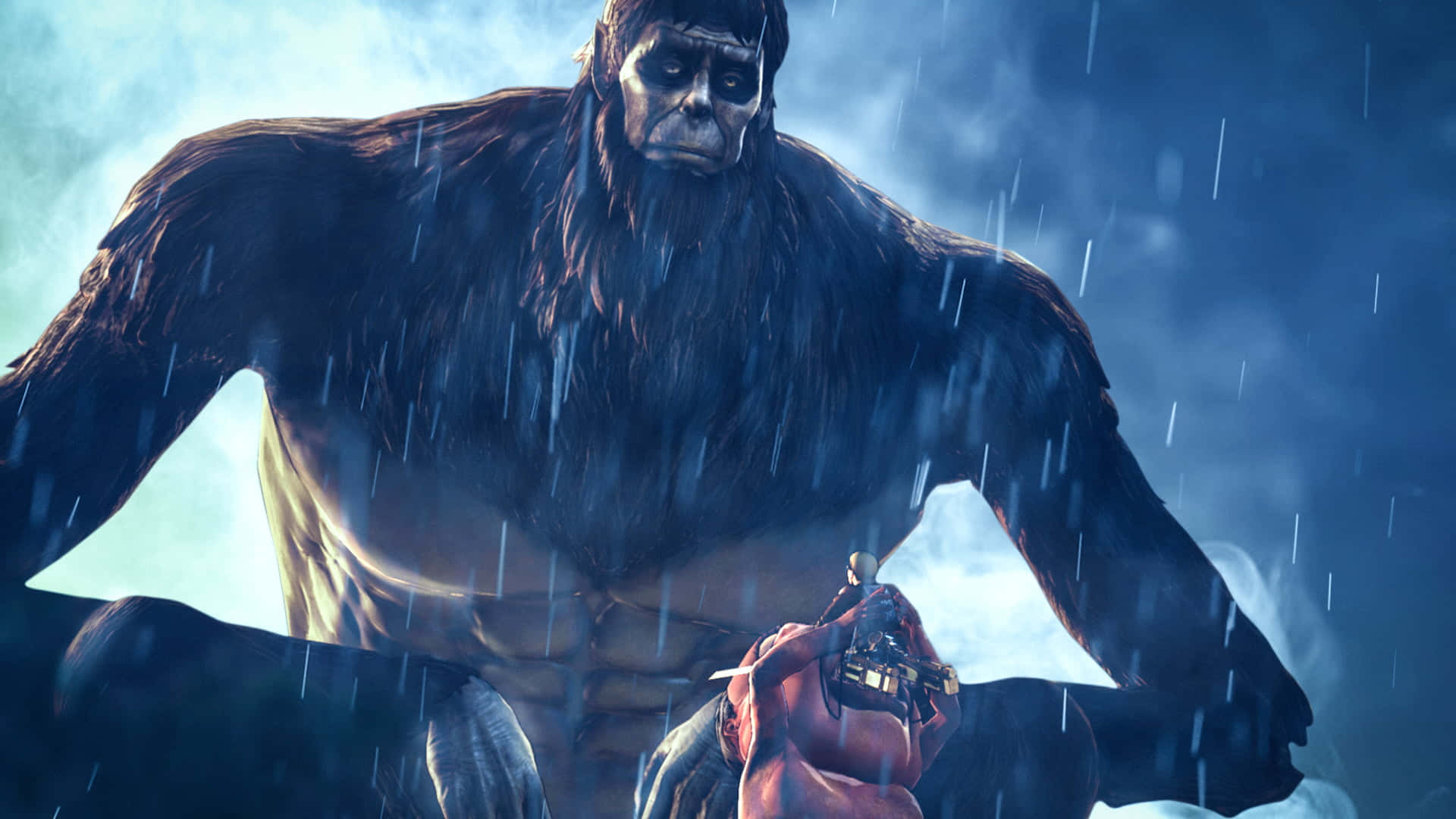 Beast Titan 桌布 壁紙 — 一隻巨猿在潮濕、霧氣瀰漫的藍色環境中，俯視著一個手持武器的小人物。