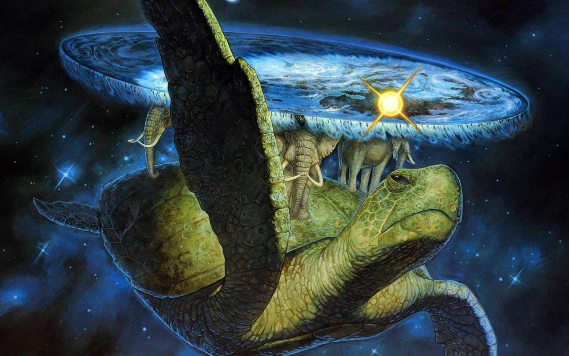 酷炫烏龜 桌布 壁紙 — 一隻巨龜背負著一顆行星，大象站在其背上，在發光的星星下呈現宇宙場景。