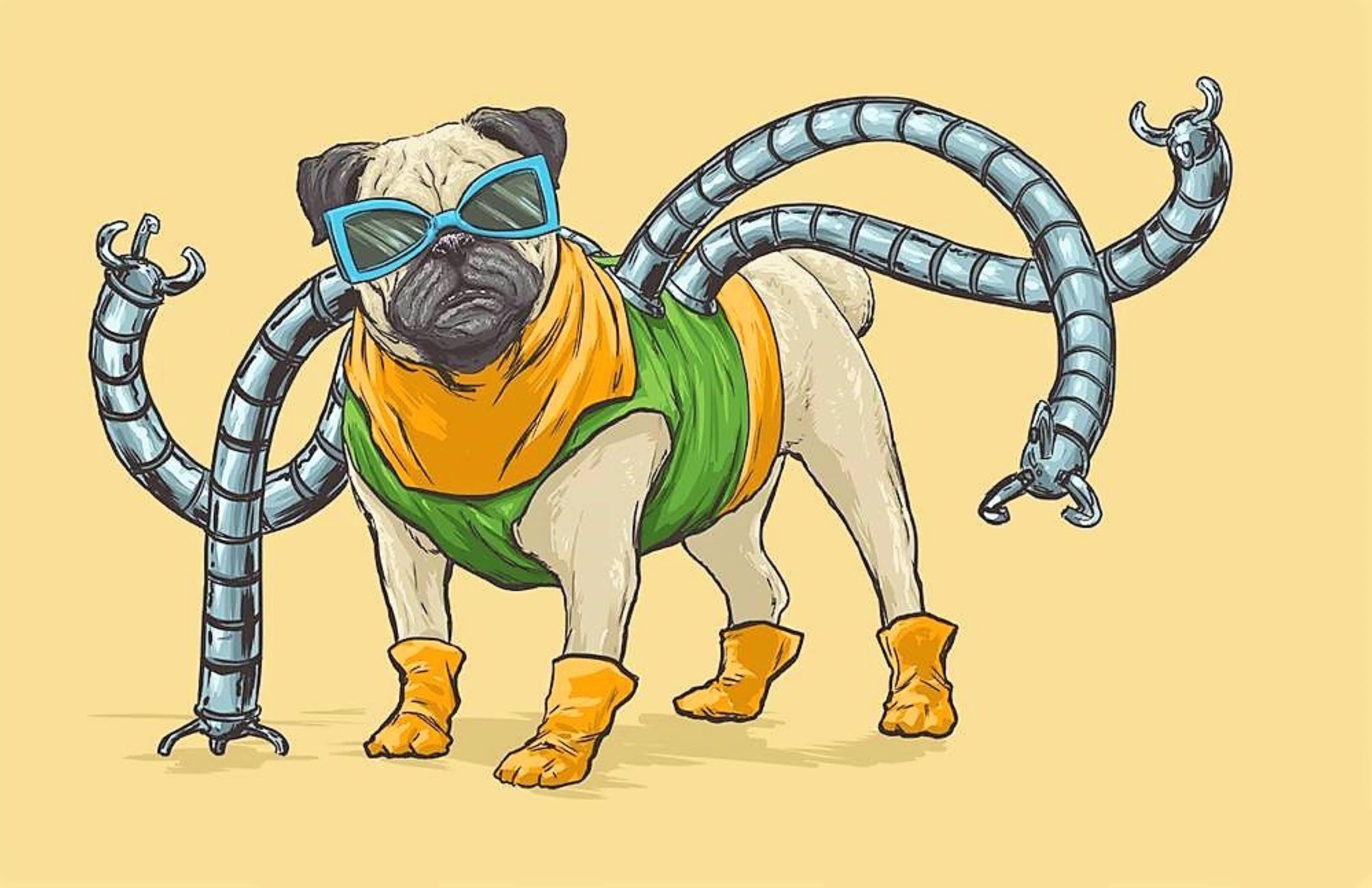 Doctor Octopus 桌布 壁紙 — 一隻巴哥犬打扮成八爪魚博士，戴著藍色護目鏡、綠色背心和橙色靴子，站在淡黃色背景前。