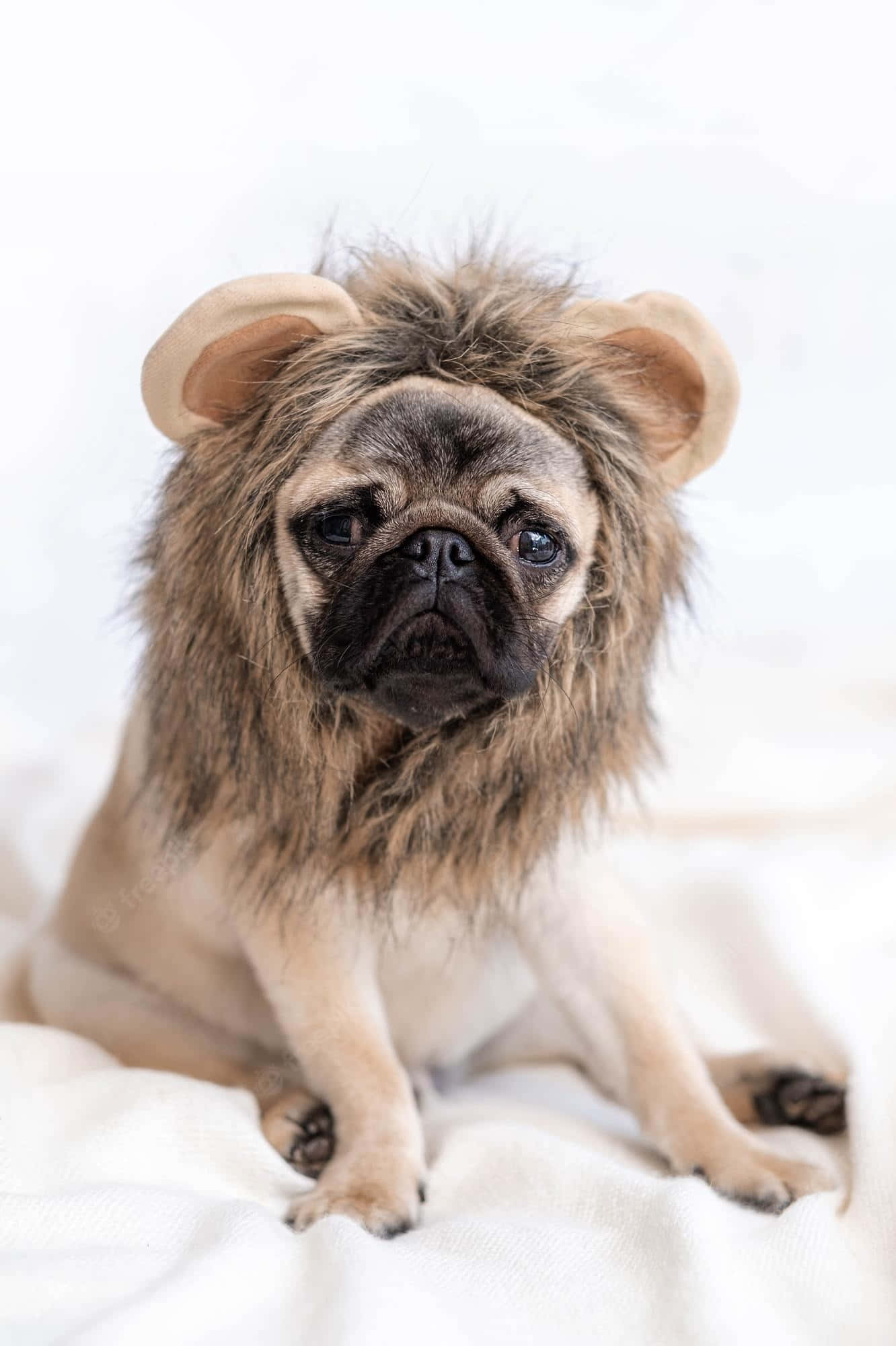 獅子 桌布 壁紙 — 一隻巴哥犬穿著獅子鬃毛服裝，莊嚴地坐在白色毯子上，背景明亮。