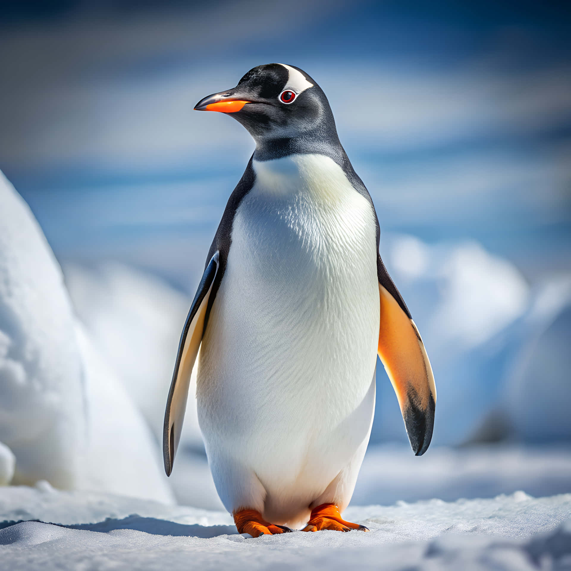 Penguin on the ice 壁紙 — 一隻巴布亞企鵝警覺地站在雪地上，背景有冰層和藍天。