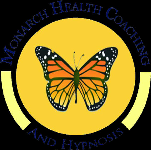 Monarch Butterfly 桌布 壁紙 — 一隻帝王斑蝶，橙色翅膀帶黑色脈絡，位於黃色圓圈中央，藍色文字寫著 Monarch Health Coaching and Hypnosis。