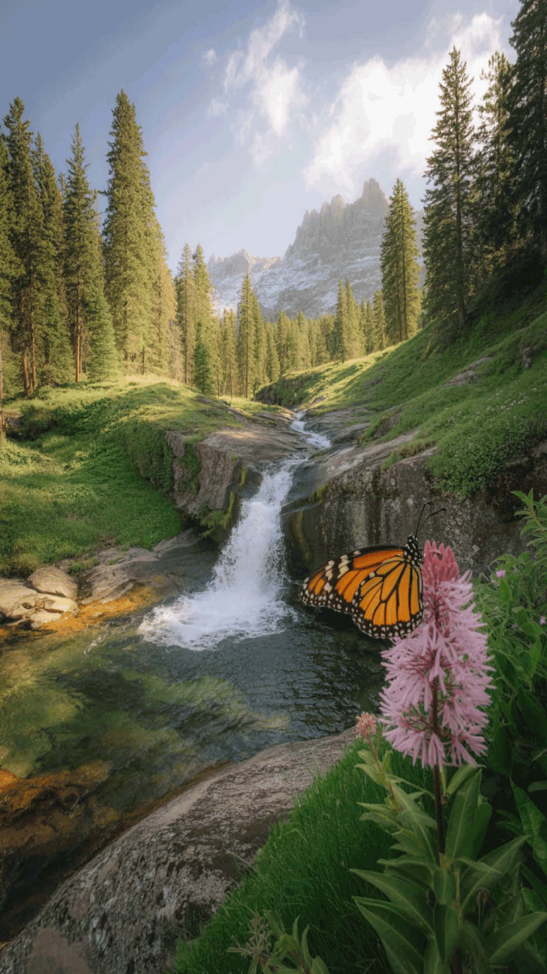 Tranquil mountain waterfall wallpaper with wildflowers and butterfly. 壁紙 — 一隻帝王斑蝶停在粉紅色花朵上，旁邊是瀑布般的山間溪流，周圍環繞著常綠樹。