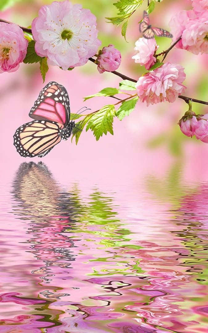 Real Butterfly 桌布 壁紙 — 一隻帝王斑蝶停歇在櫻花枝上，下方是漣漪的粉紅水面，映照著花朵和綠葉。