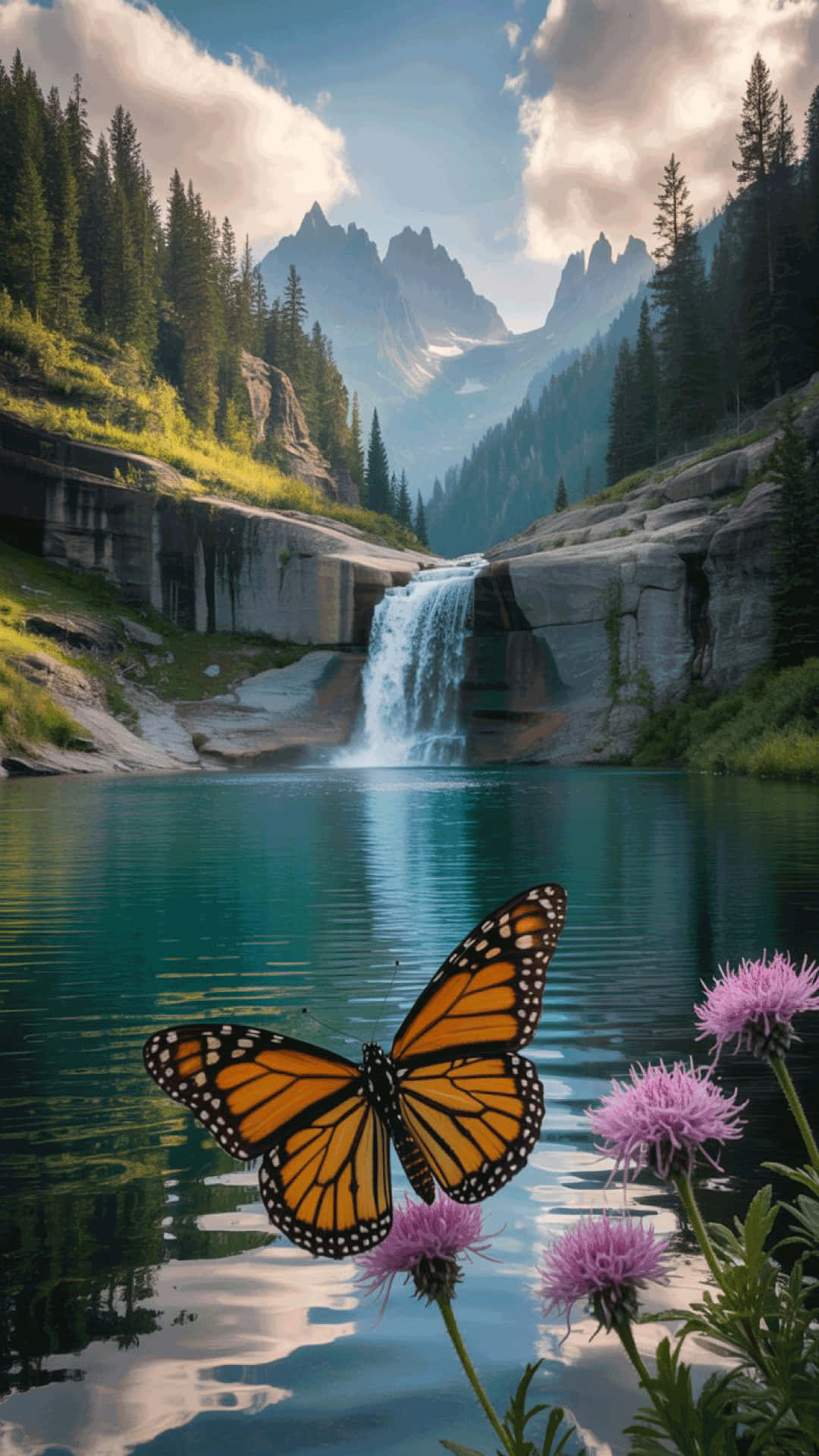 Tranquil mountain waterfall wallpaper with wildflowers and butterfly. 壁紙 — 一隻帝王斑蝶在粉紅色花朵上方盤旋，旁邊是藍綠色的湖泊，背景有瀑布和積雪的山峰。