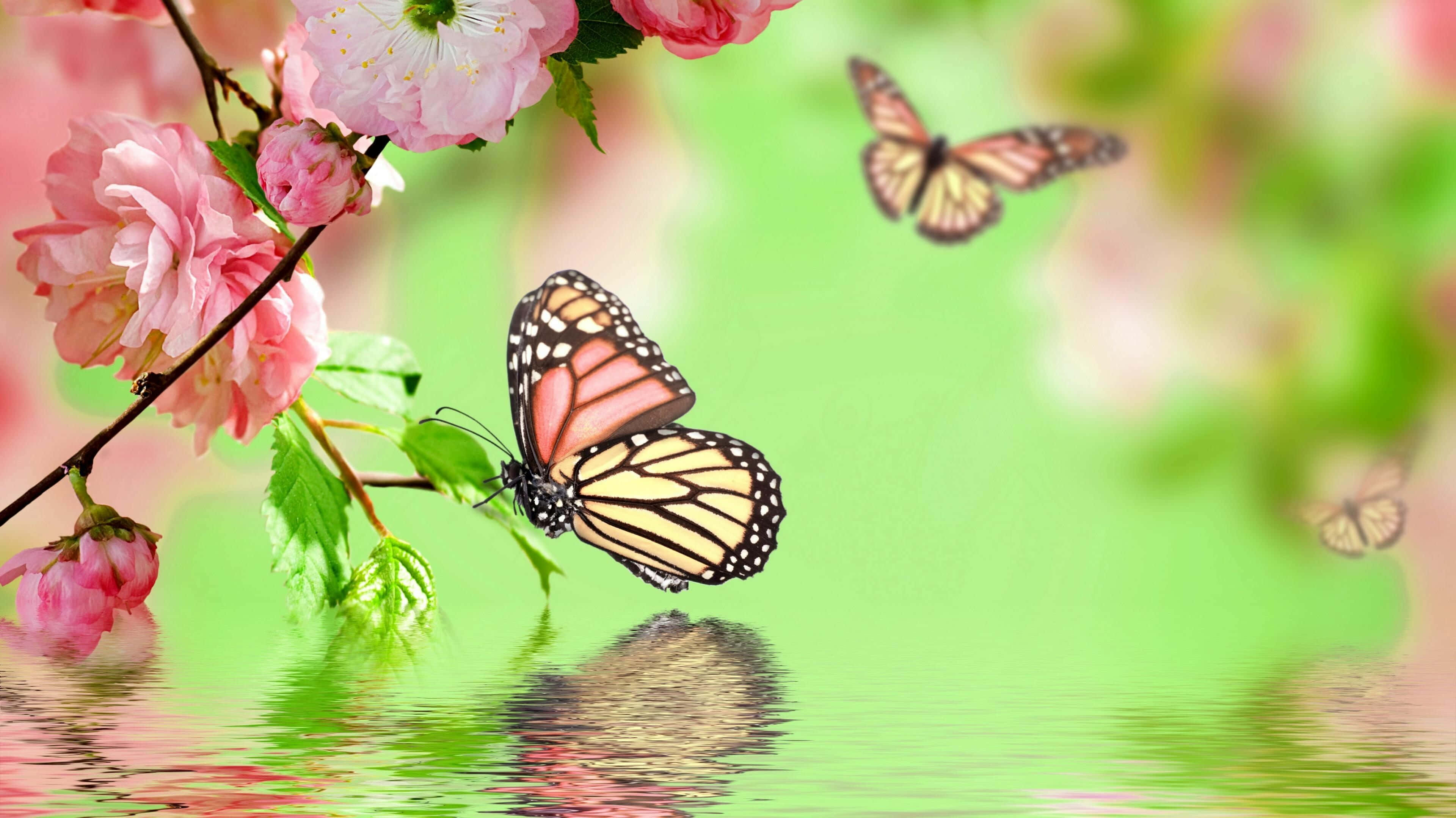 Butterfly Garden 桌布 壁紙 — 一隻帝王斑蝶棲息在櫻花枝上，下方平靜的水面倒映著粉紅花朵和綠葉。