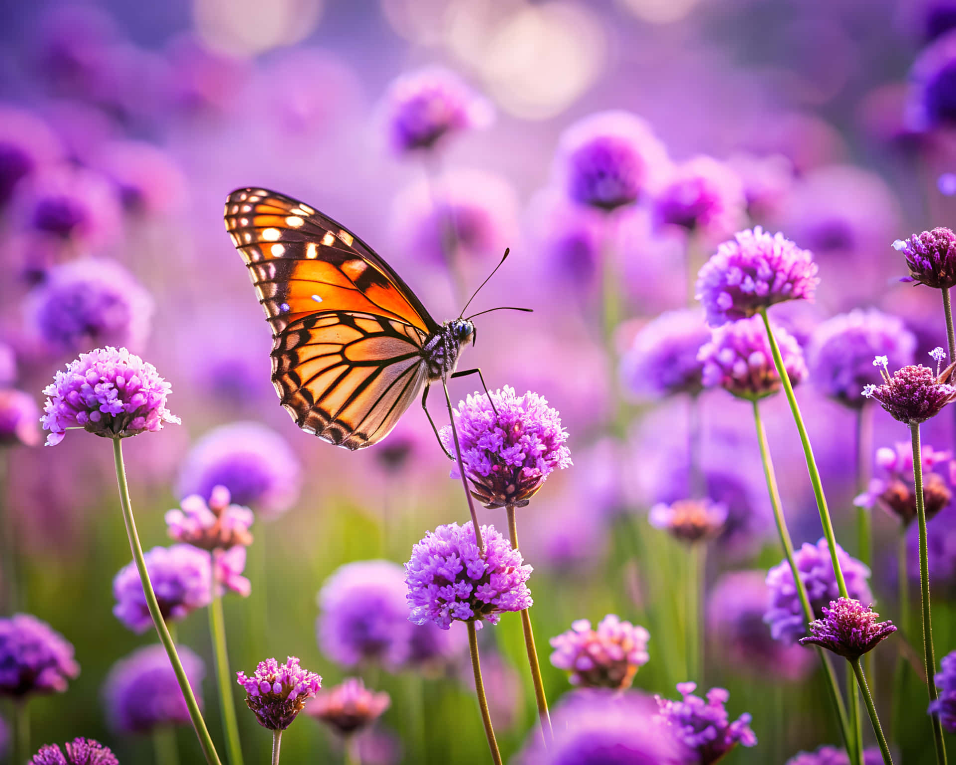 Butterfly flying on a field 壁紙 — 一隻帝王斑蝶輕柔地停在一朵紫色花上，置身於夢幻般的花田中，沐浴在柔和的金色光芒中。