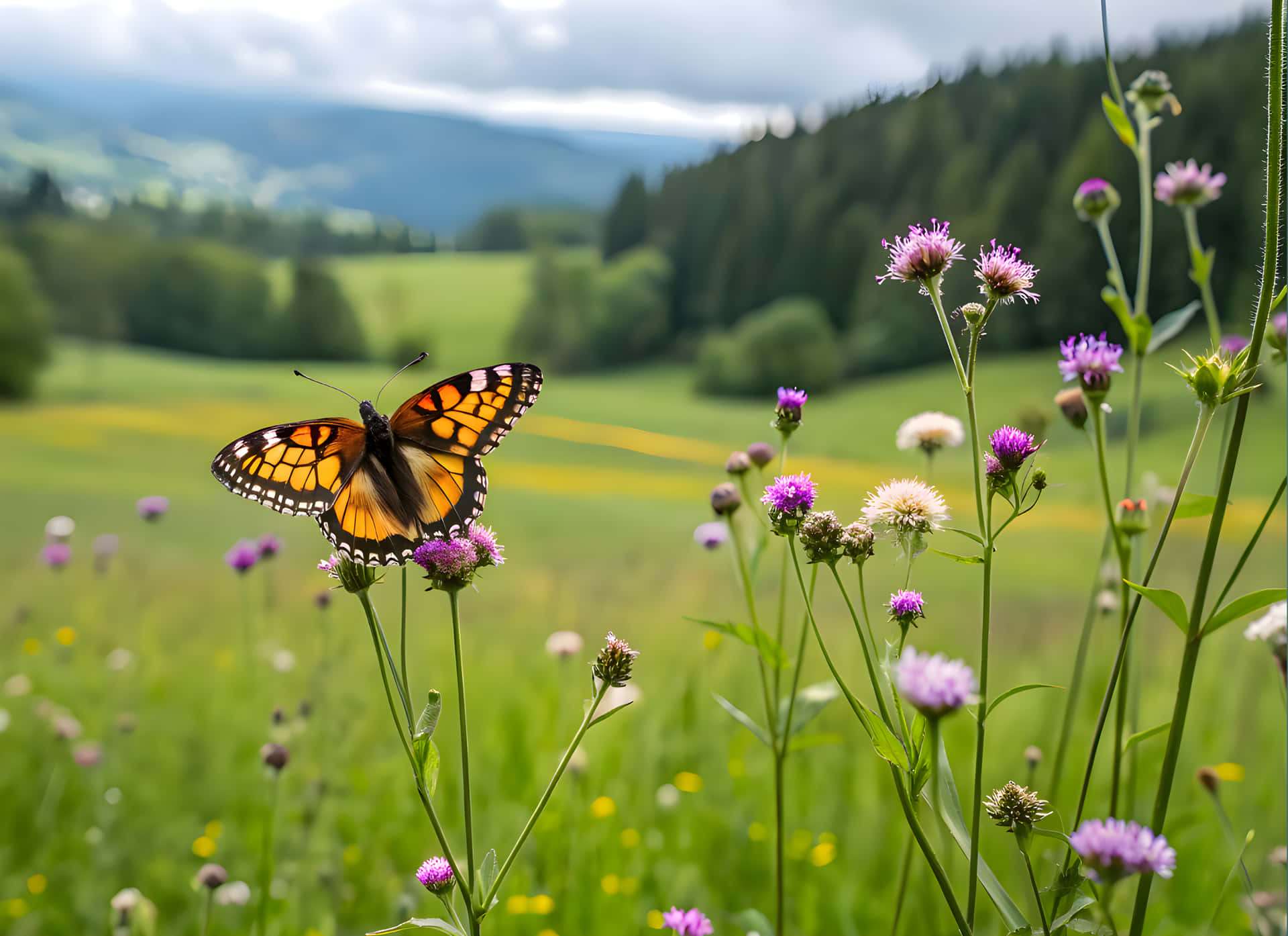 A little butterfly taking honey from flowers 壁紙 — 一隻帝王斑蝶輕柔地棲息在紫色花朵上，身處陽光明媚的草地，背景有起伏的綠色山丘和遠處的森林，天空多雲。