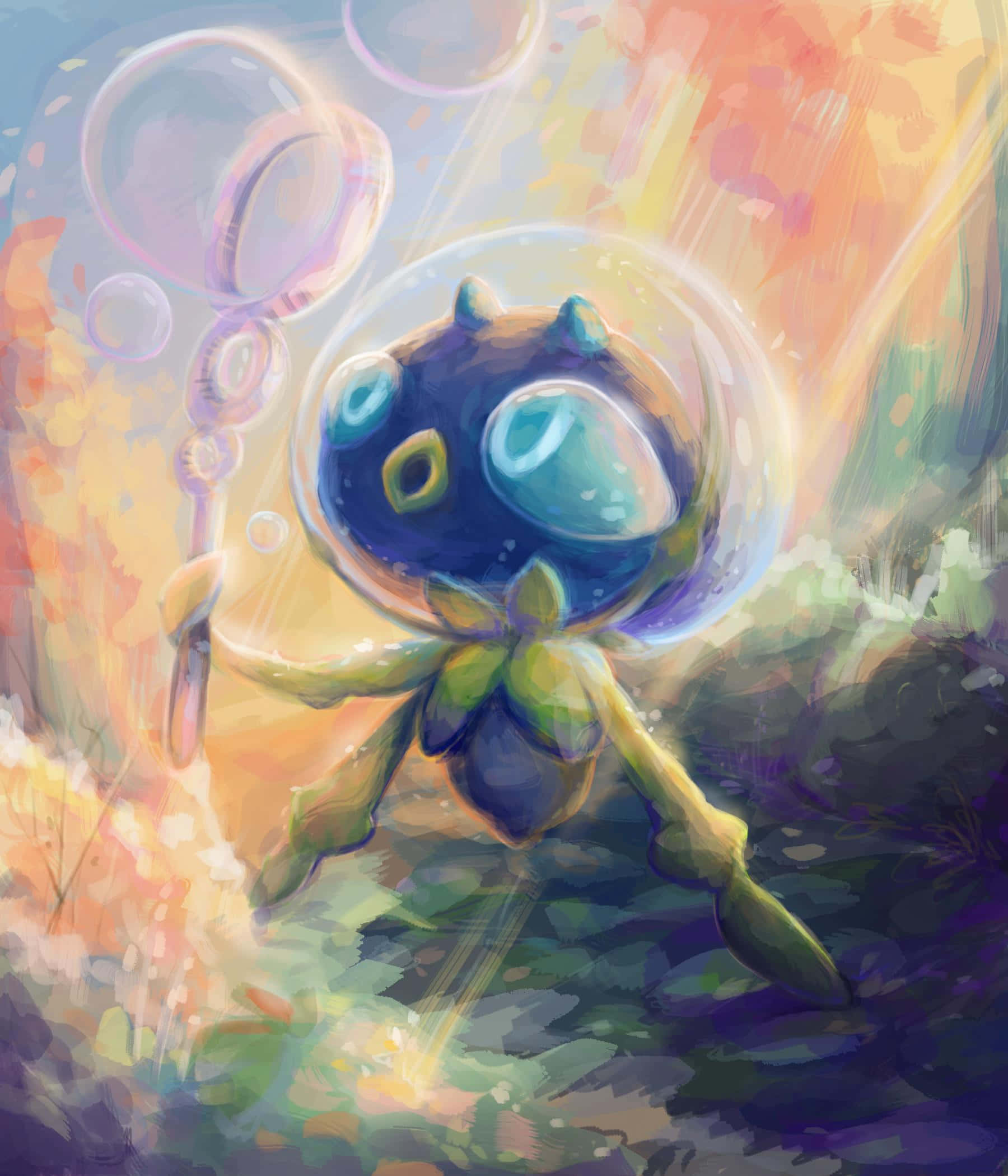 寶可夢 桌布 壁紙 — 一隻帶有大眼睛和綠色四肢的奇幻藍色生物，在色彩繽紛、如畫的水下場景中吹出彩虹色的泡泡。