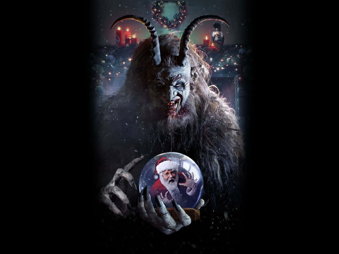 Krampus 桌布 壁紙 — 一隻帶有威脅性的有角野獸，在黑暗的節日背景下，手持一個雪球，裡面裝著一個驚恐的聖誕老人。