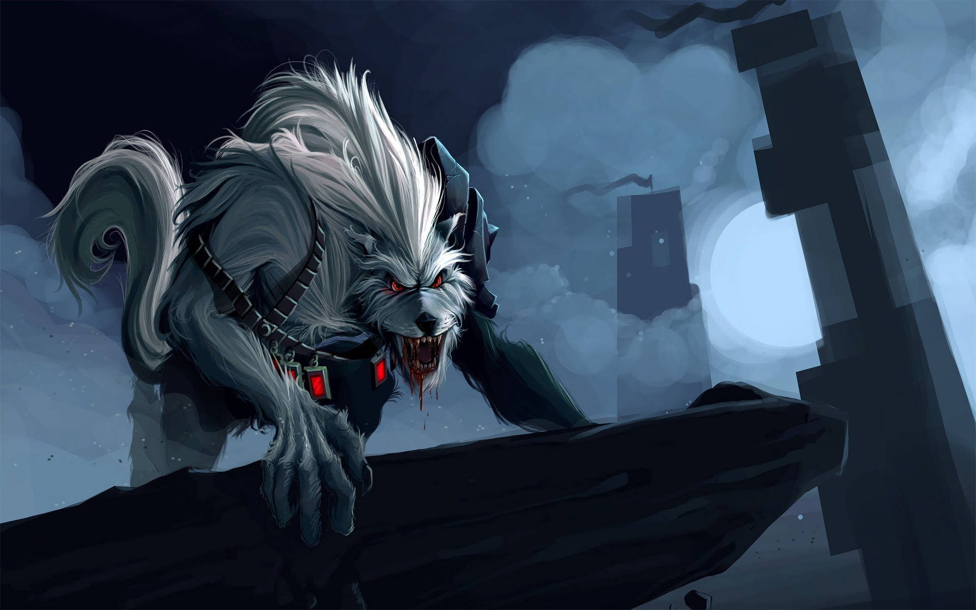 Warwick Lol 桌布 壁紙 — 一隻帶有威脅性的白色狼人，眼睛發出紅光，尖牙滴著血，蹲在月光下的黑暗廢墟上。