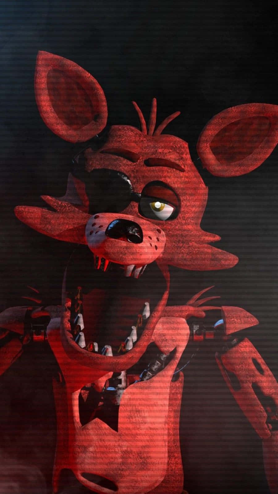 Foxy The Pirate 桌布 壁紙 — 一隻帶有威脅性的紅色電子動畫狐狸，有一隻發光的眼睛和露出的牙齒，在黑暗的紋理背景上強烈凝視。