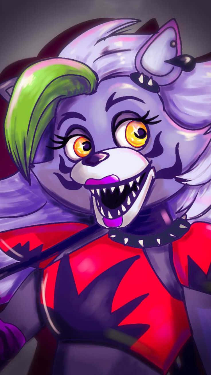 Roxanne Wolf 桌布 壁紙 — 一隻帶有威脅性的紫色擬人狐狸，擁有綠色頭髮和尖牙，穿著紅色服裝，背景為深色。