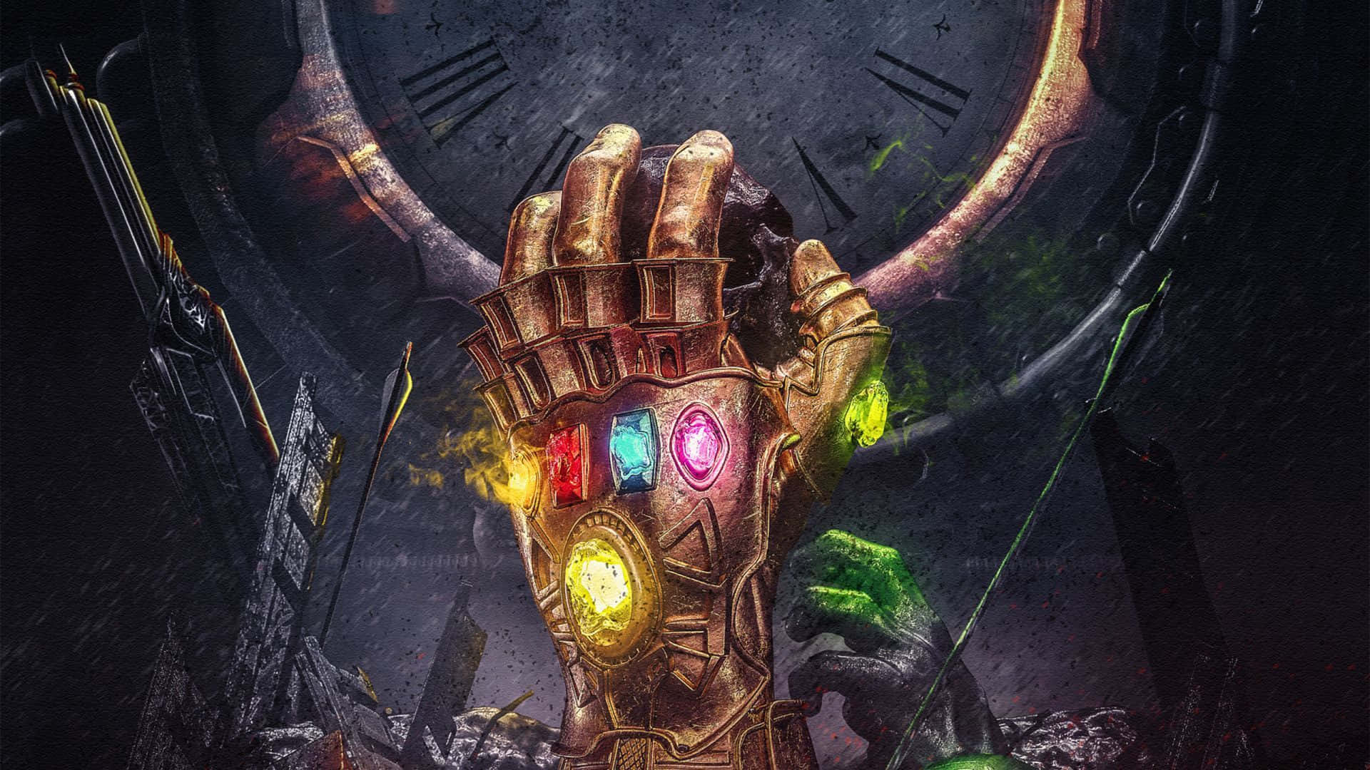Infinity Gems 桌布 壁紙 — 一隻帶有威脅性的裝甲手抓住發光的無限手套，背景是破碎的時鐘。