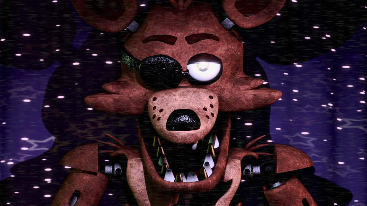 Foxy 桌布 壁紙 — 一隻帶有威脅性的電子動畫狐狸，有一隻發光的眼睛和一個露出牙齒的寬闊笑容，背景是星光點點的紫色。